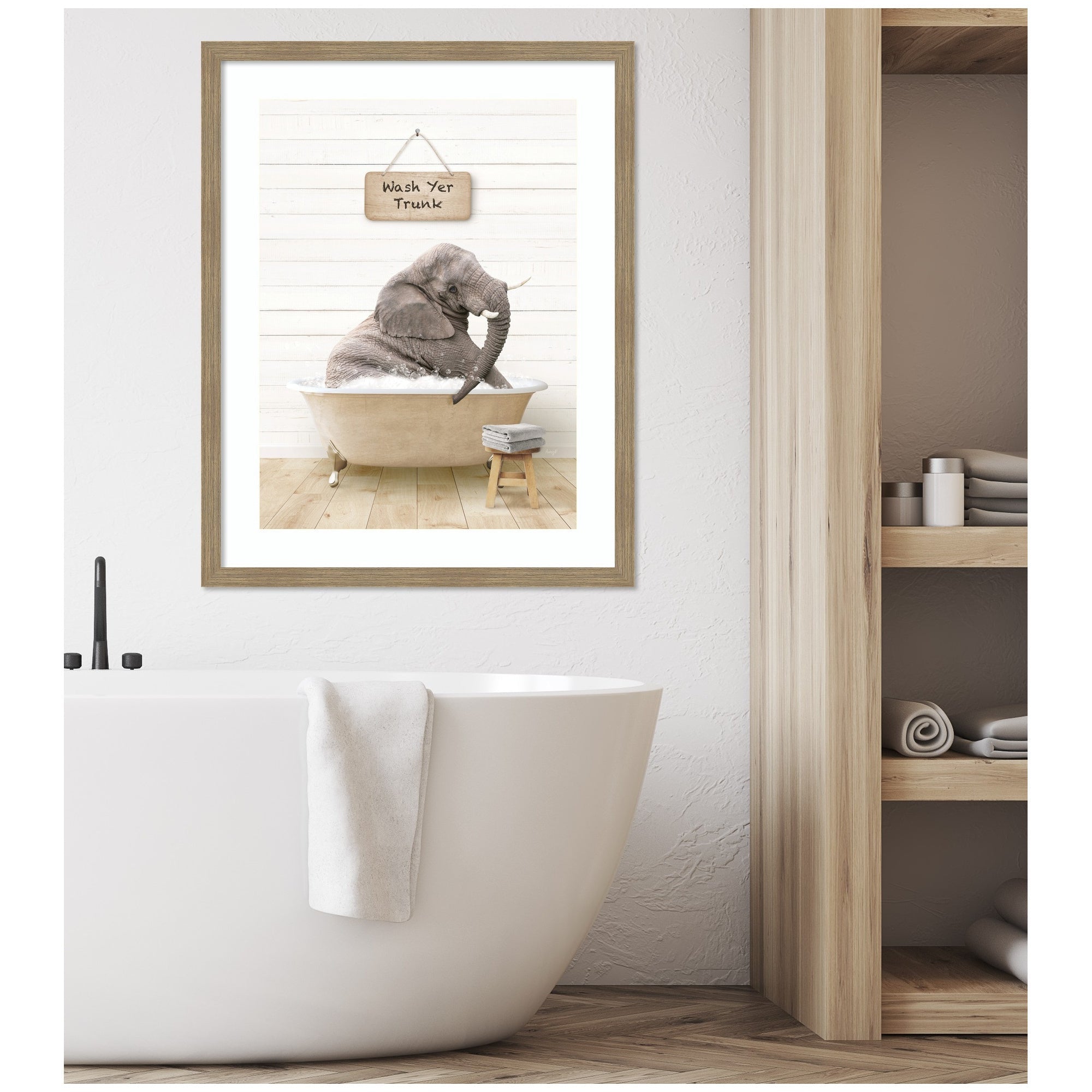 Young Elephant in Modern Bathtub Wash Your Trunk by Amy Peterson Framed Wall Art Print
