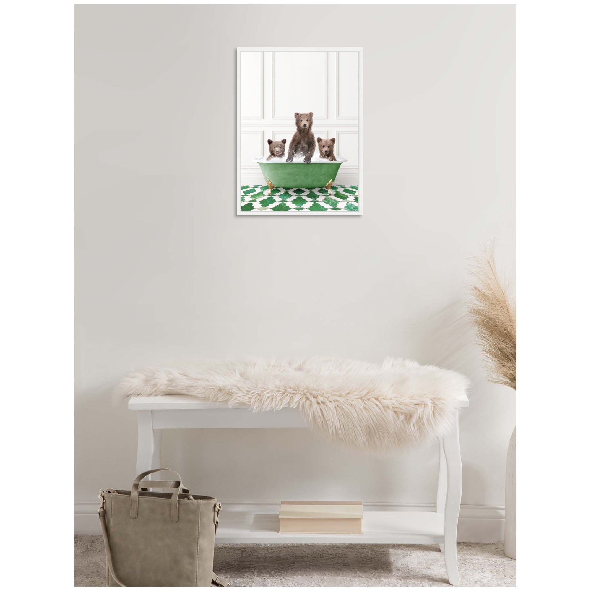 Sylvie Three Bear Cubs in Eclectic Green Panel Wall Bathtub Framed Canvas by Amy Peterson