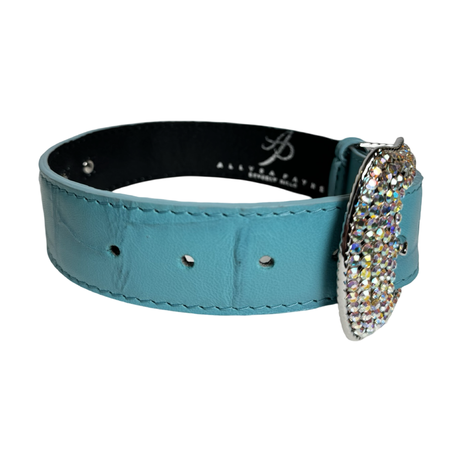 The Tiffany Collection. Gorgeous Turquoise Blue Embossed Croc Italian Leather Collar with Custom Silver Swarovski Crystal Hardware
