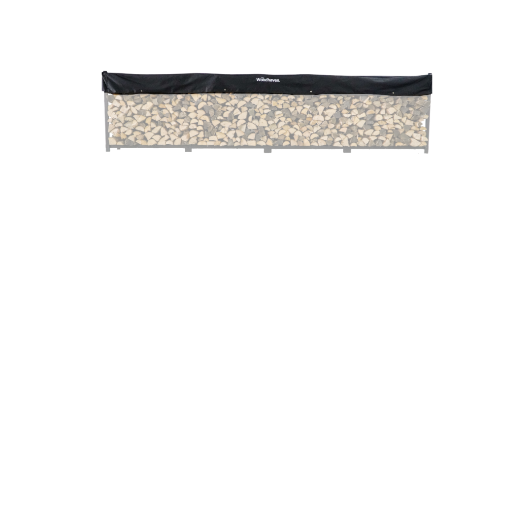 Woodhaven Short Firewood Rack Seasoning Cover in black on a firewood rack