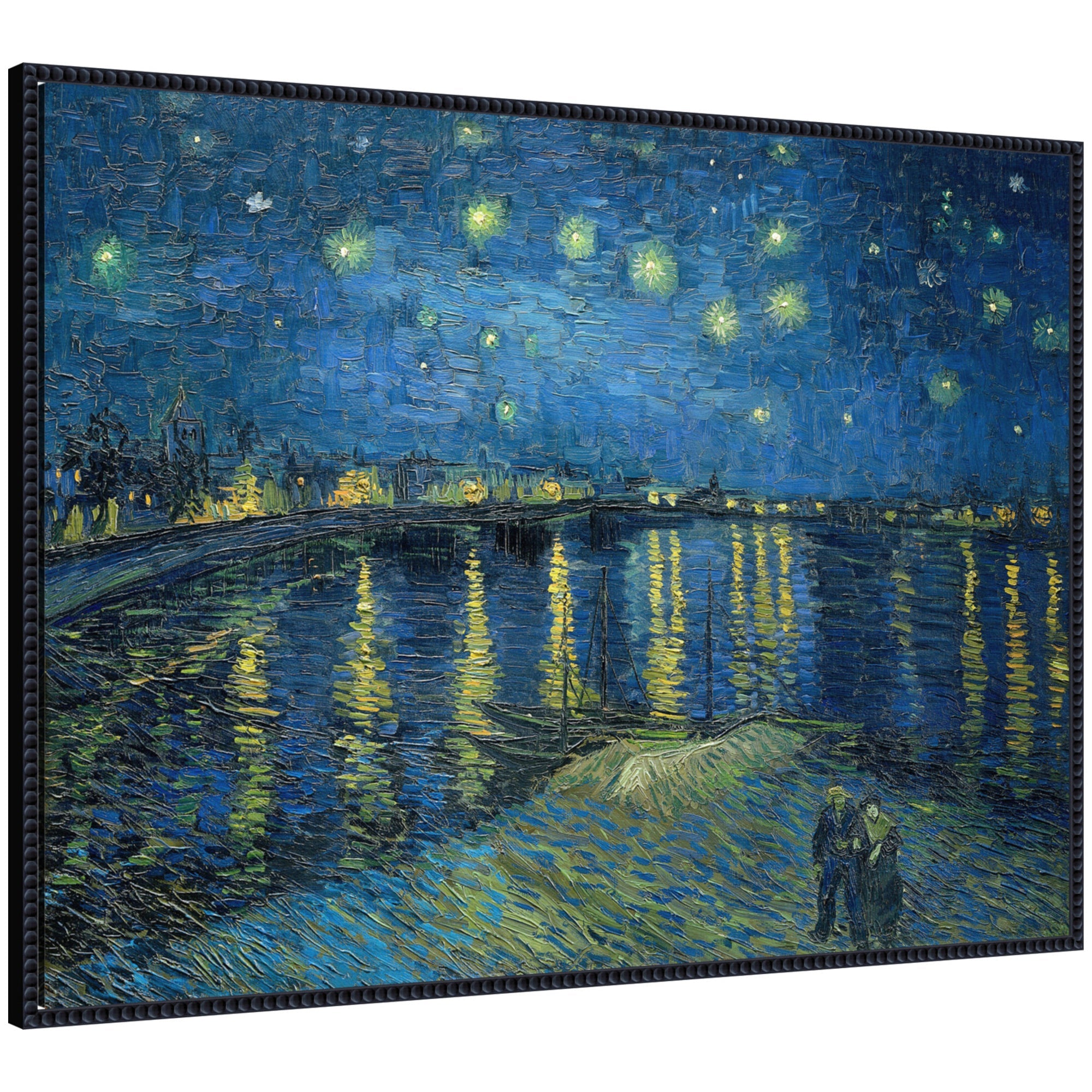 Starry Night Over the Rhone 1888 Vincent van Gogh framed canvas print showing a night sky over a river with gaslight reflections, framed in a black beaded frame