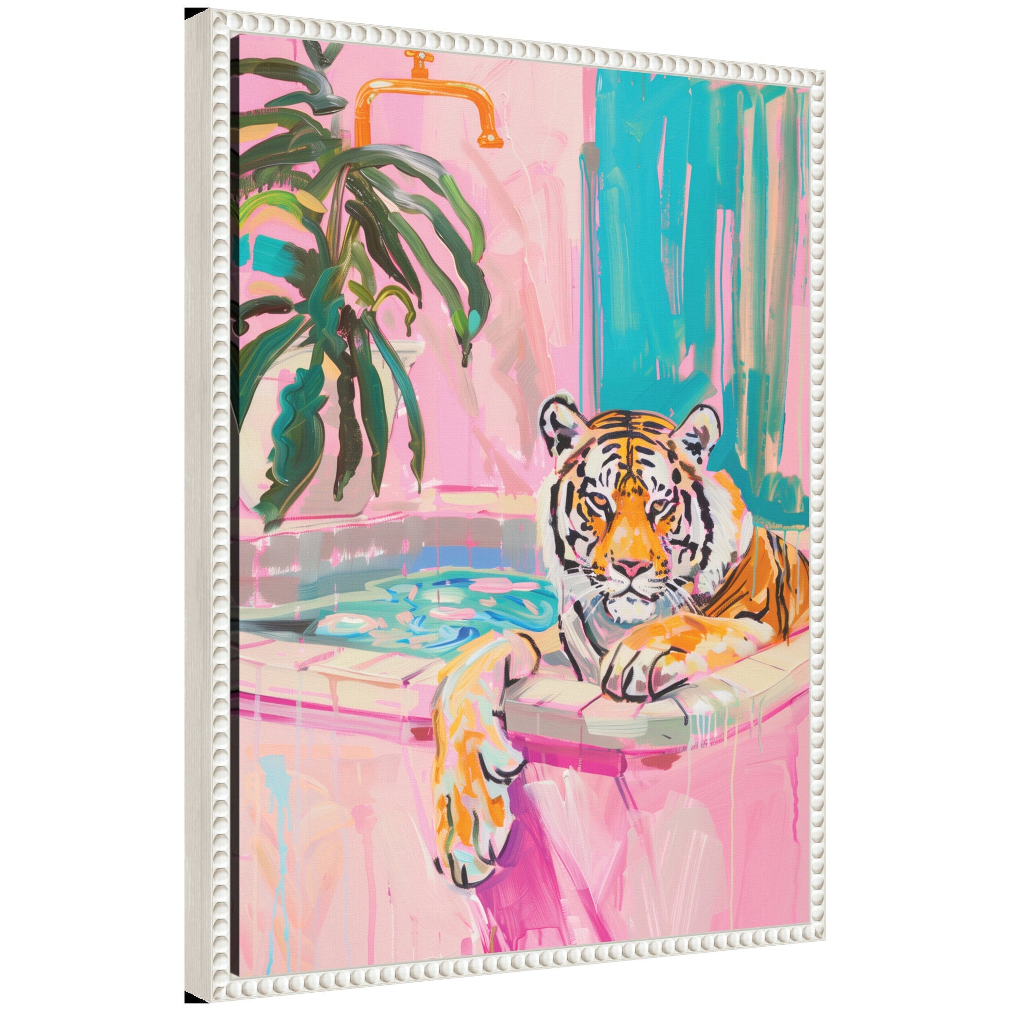 Sylvie Tiger Bathtub Vibrant Dopamine Decor Framed Canvas by kateandlaurel - main product image for Resin Society