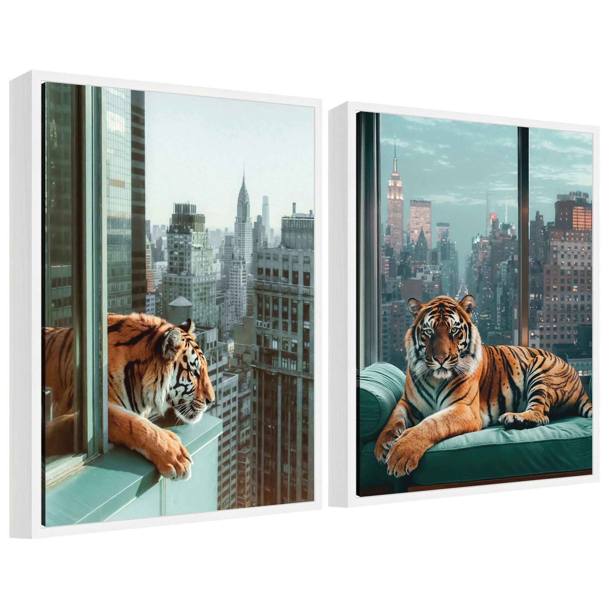Sylvie Urban Tigers in New York framed canvas art set showing tiger portraits blended with New York city skyline
