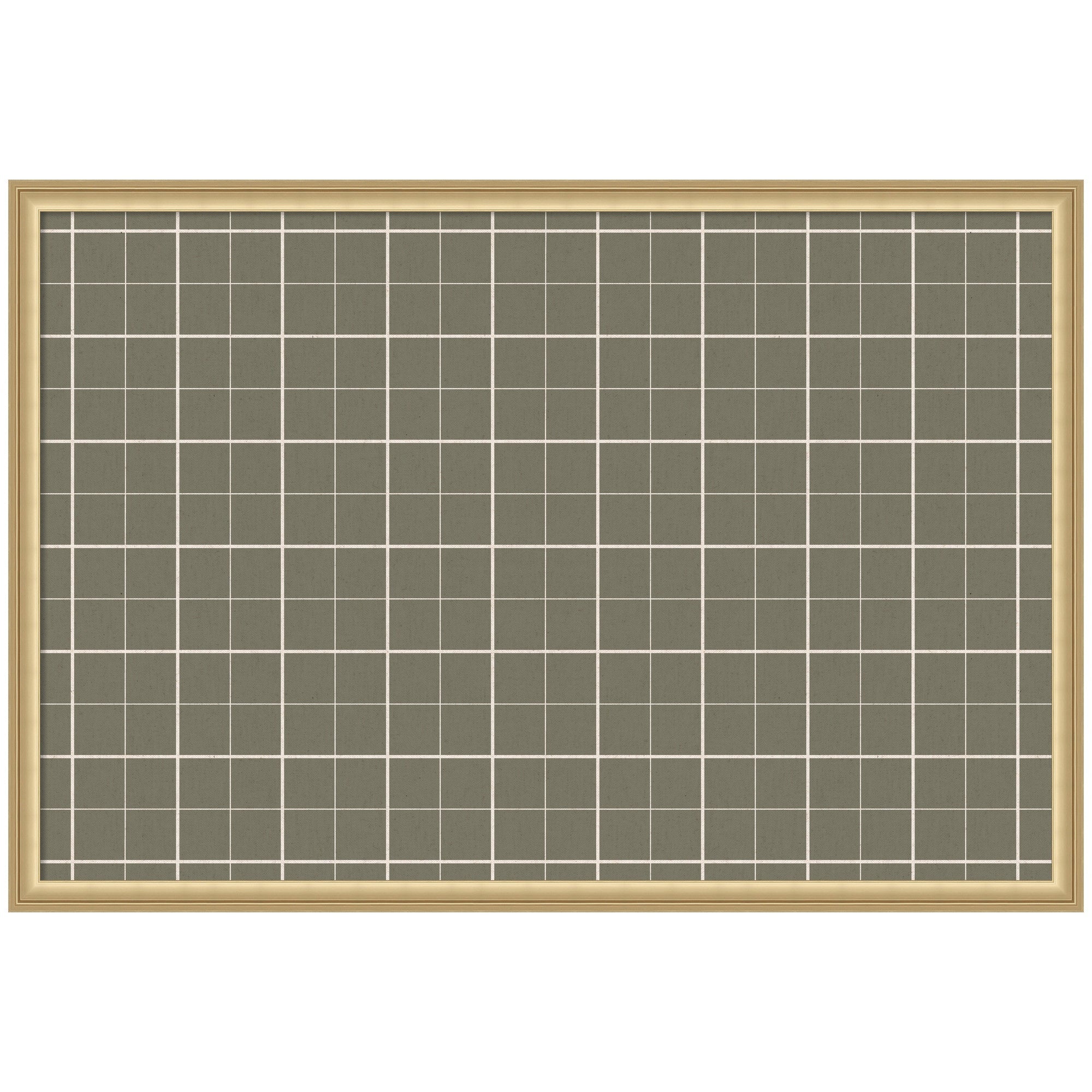 Framed Fabric Pinboard with sage green plaid patterned fabric and wooden frame mounted on a wall with various pinned notes and photos