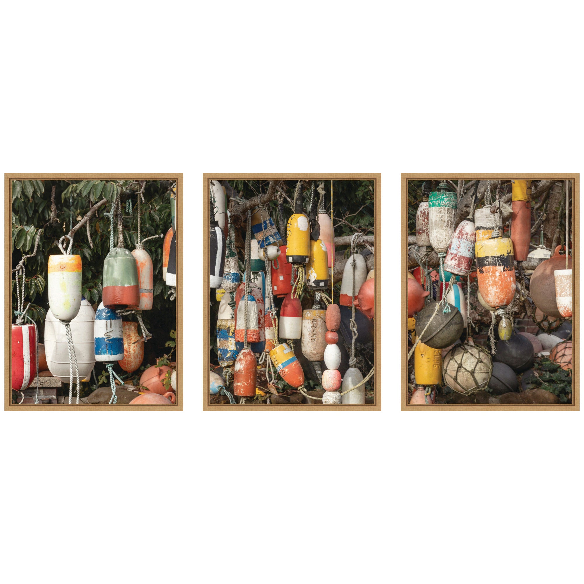 Buoys No.
1 No.
2 and No.
3 three-piece framed canvas wall art set showing natural toned buoy images arranged in a grid