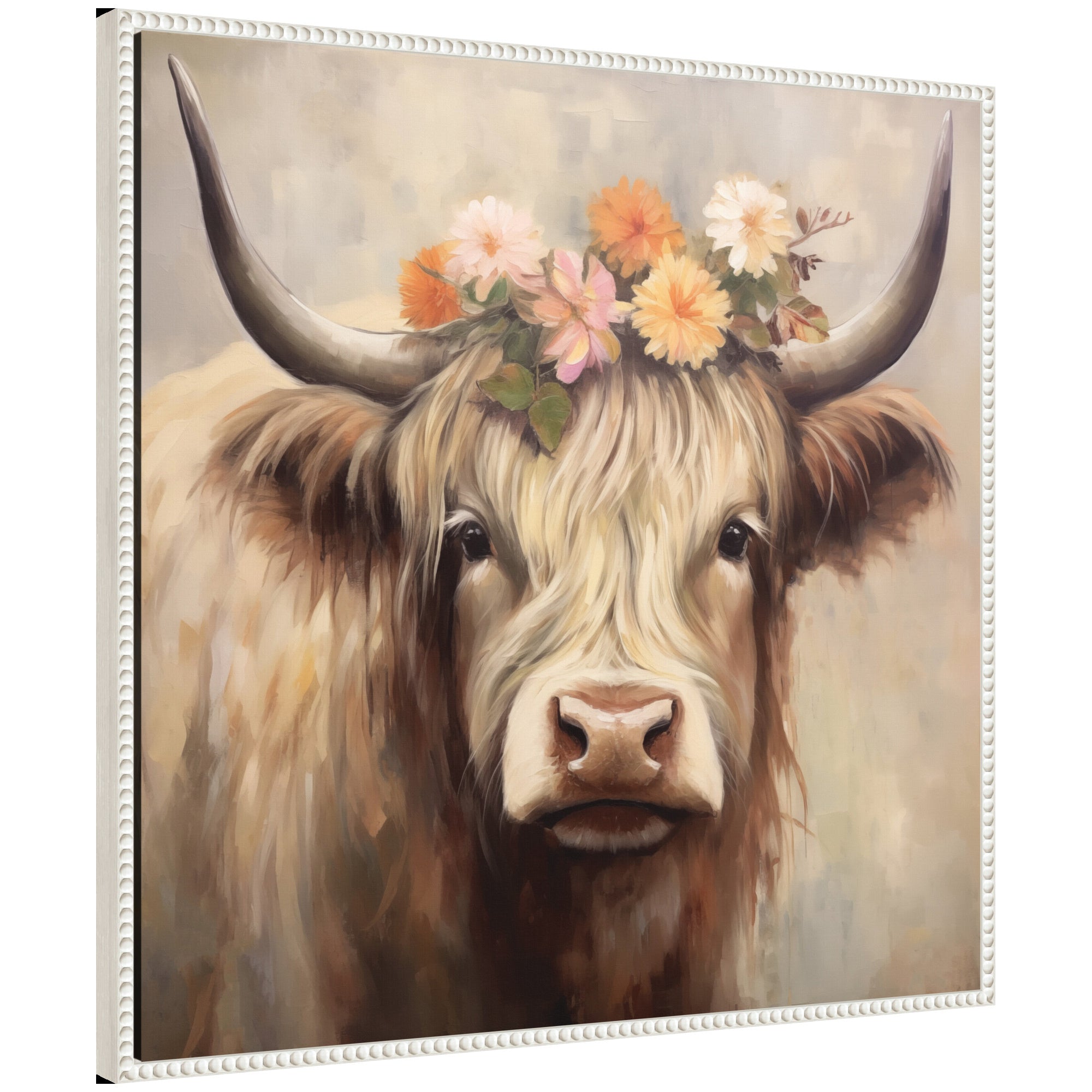Sylvie Adorable Floral Boho Highland Cow Framed Canvas showing a Highland cow with floral and boho style elements in a polystyrene frame
