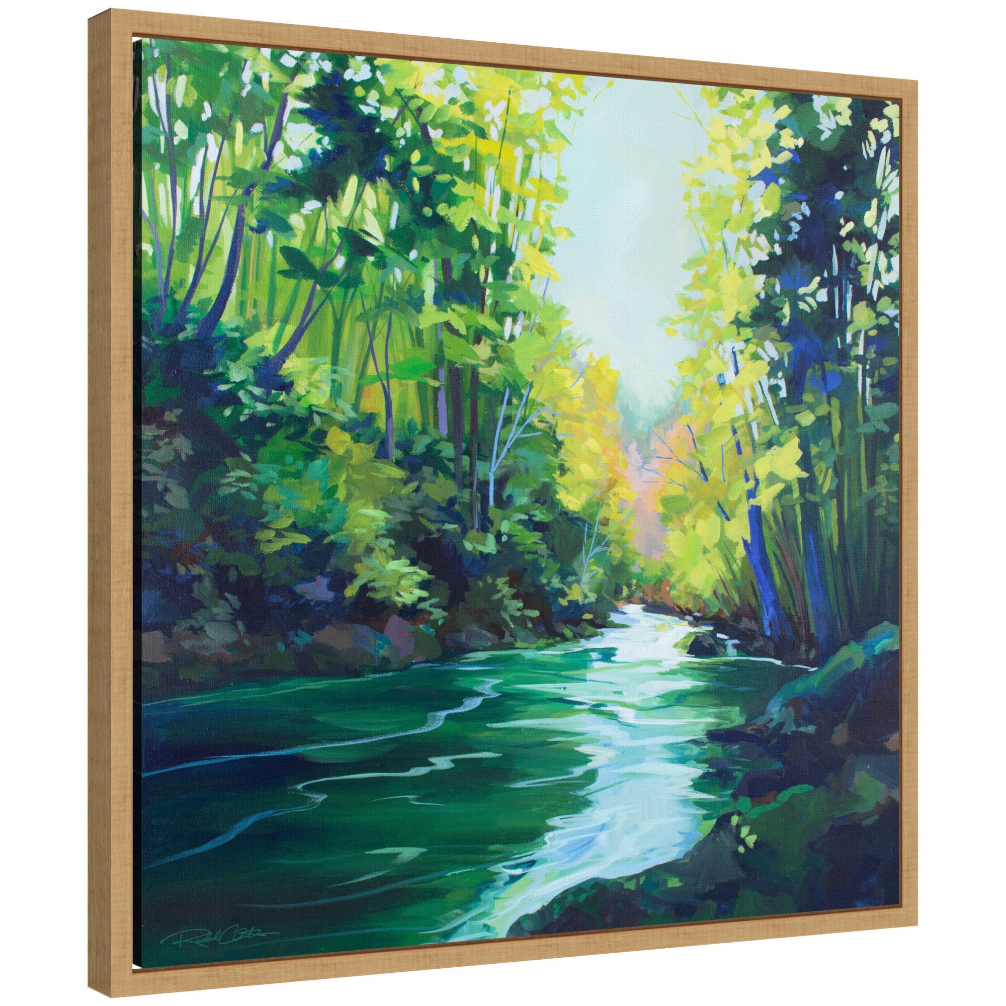 Framed canvas artwork titled 'Sylvie Downstream' featuring a serene landscape with soft water and foliage, framed in a modern lightweight polystyrene frame, set against a neutral wall.