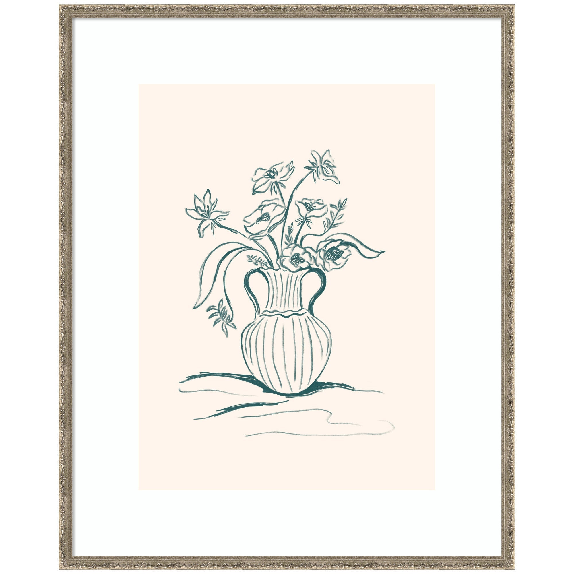 Framed Garden Floral artwork by Kate Aurelia Holloway showing a minimalist sketch of flowers in a vase within a modern contemporary frame.