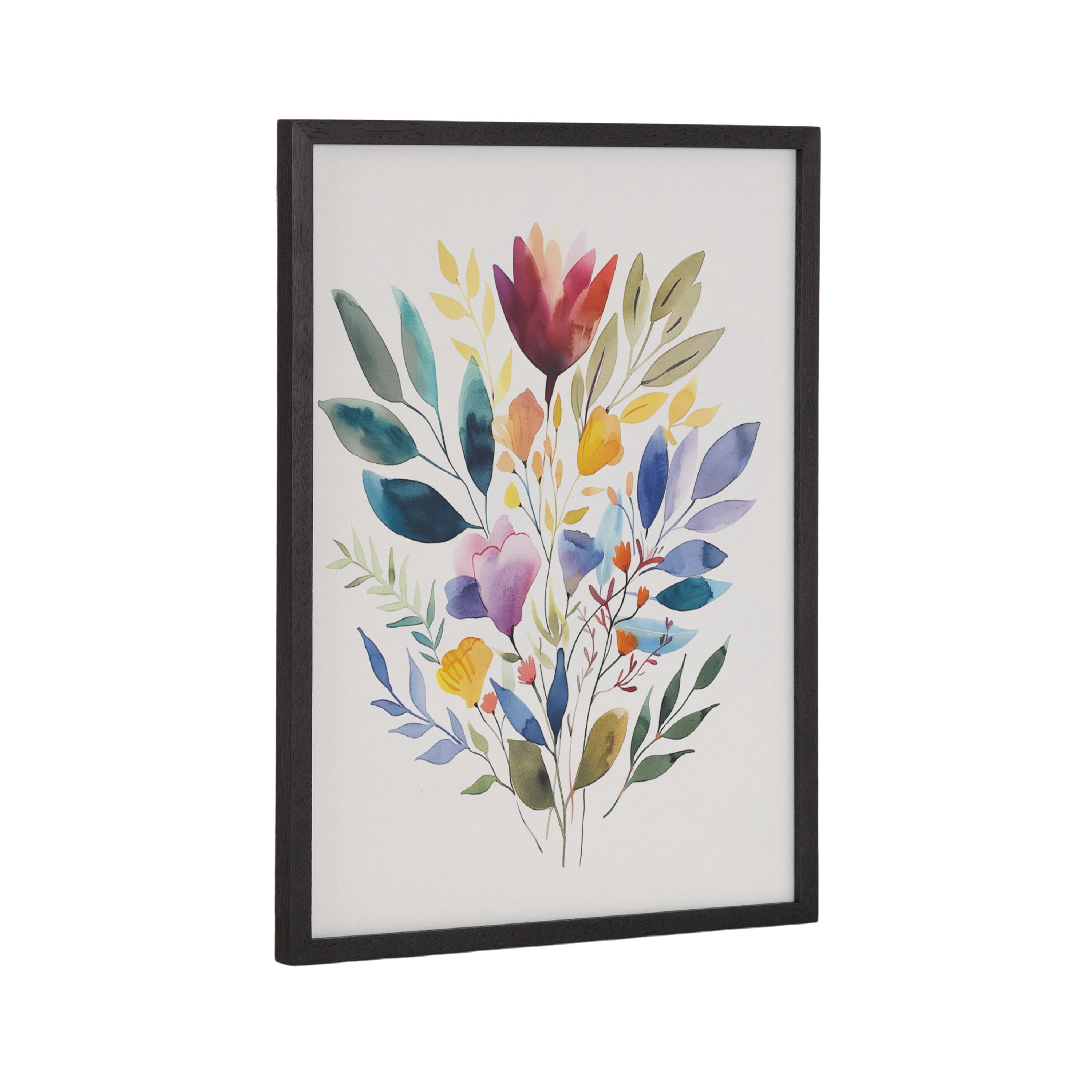 Framed watercolor print featuring a jewel tone botanical bouquet in a black gallery frame