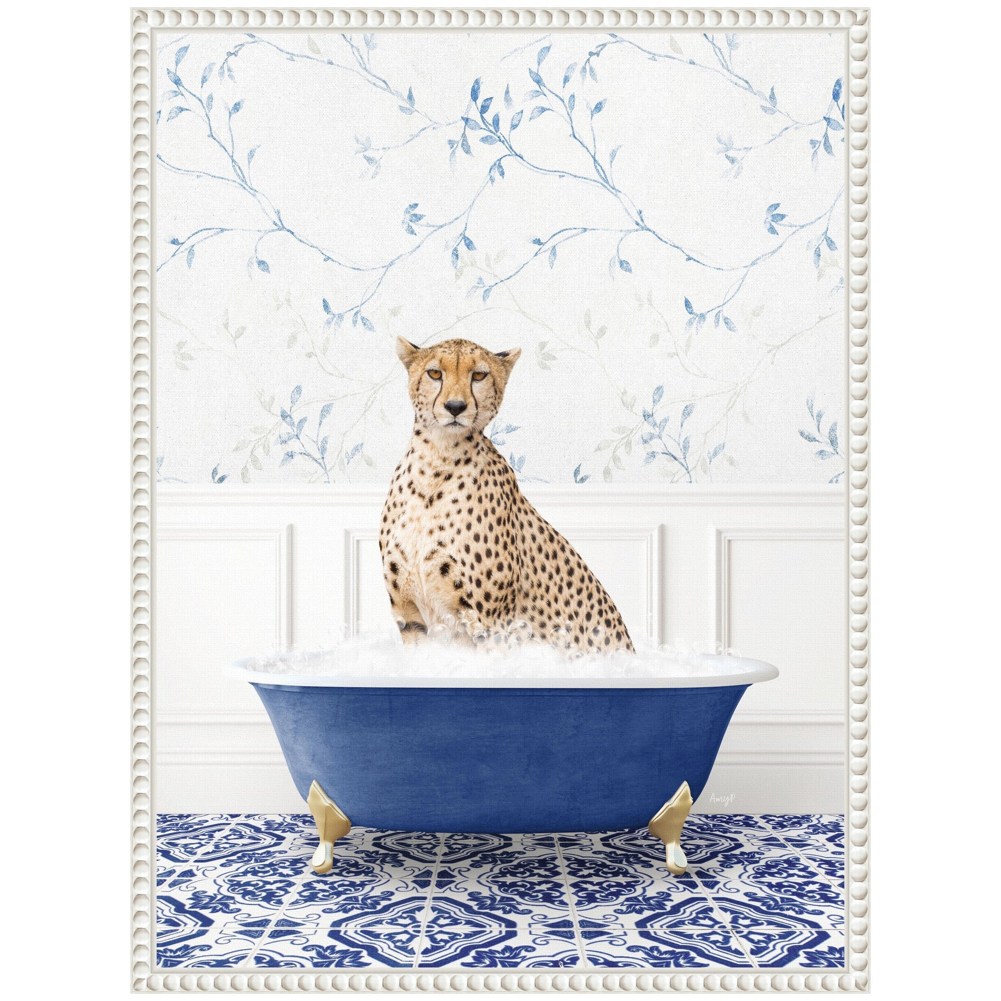 Sylvie Cheetah in Eclectic Blue Bath Framed Canvas by Amy Peterson