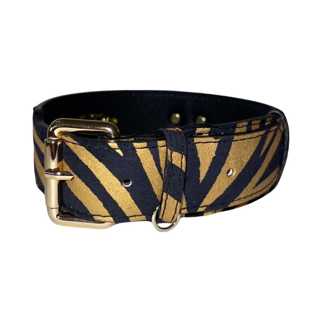 Black & Gold Zebra Print Italian Leather Classic Collar displayed on a white surface, showing the zebra pattern and leather lining