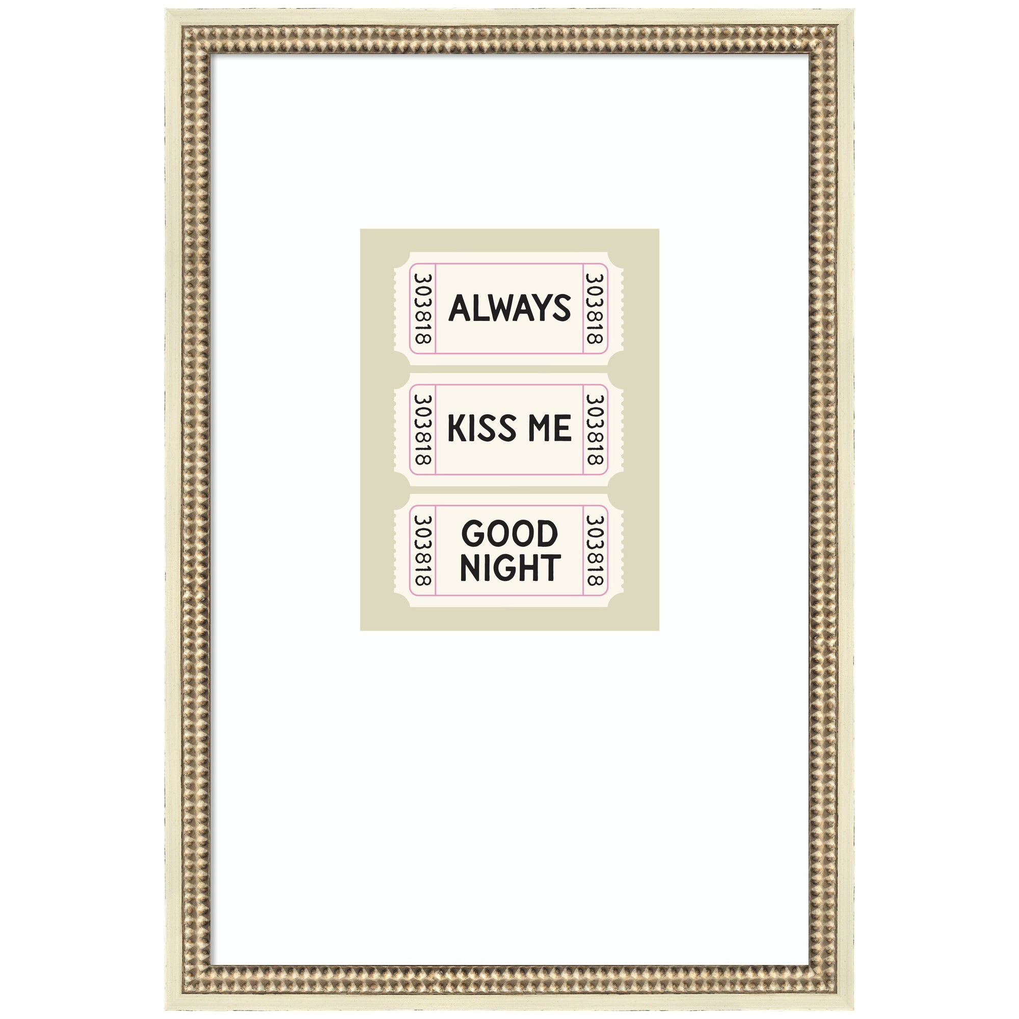Sage green framed retro poster titled 'Always Kiss Me Goodnight' by Lucky Guava, hung above a mustard-yellow bed's headboard.
