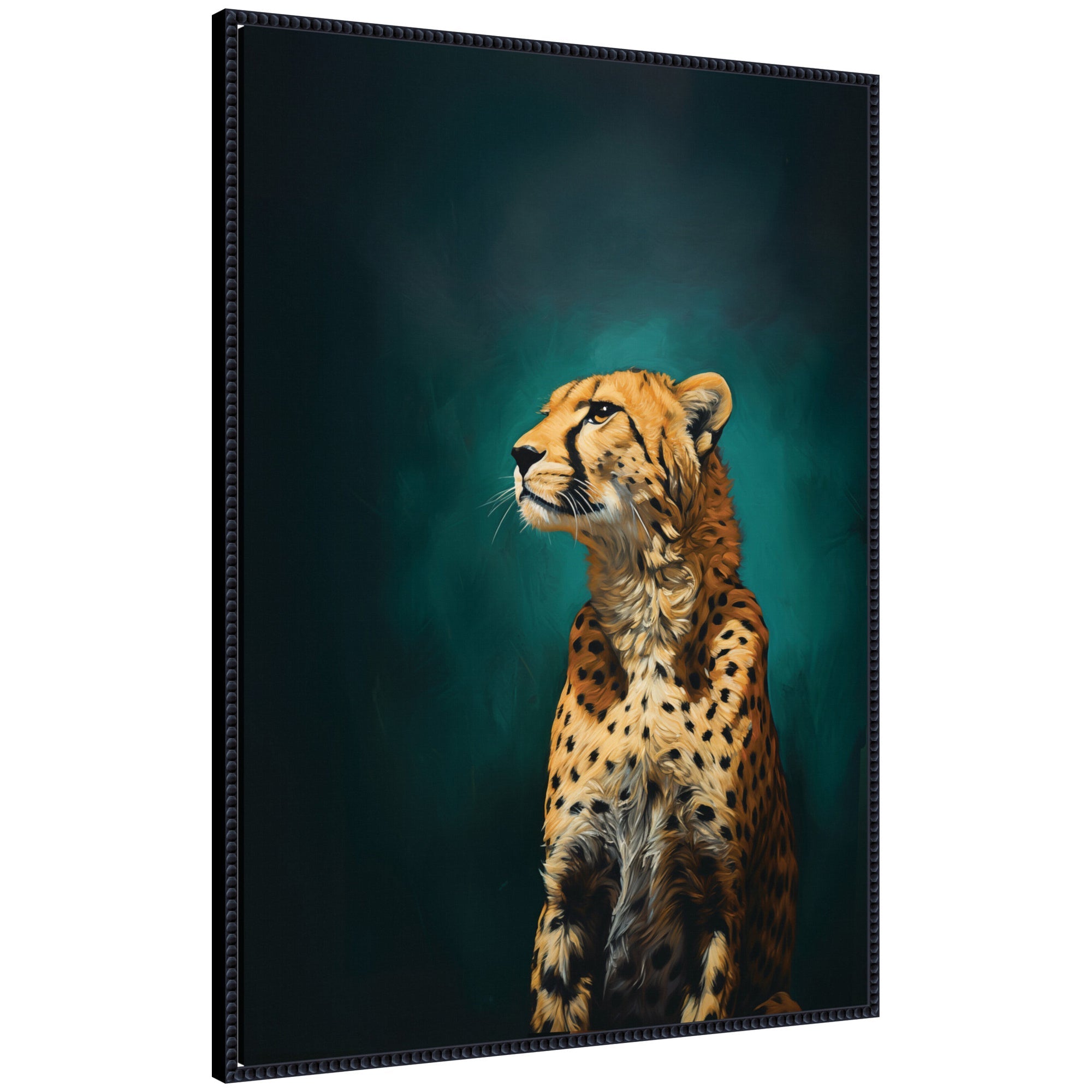 Framed canvas wall art depicting a teal leopard against a dark blue-green background, in a black beaded Sylvie frame.
