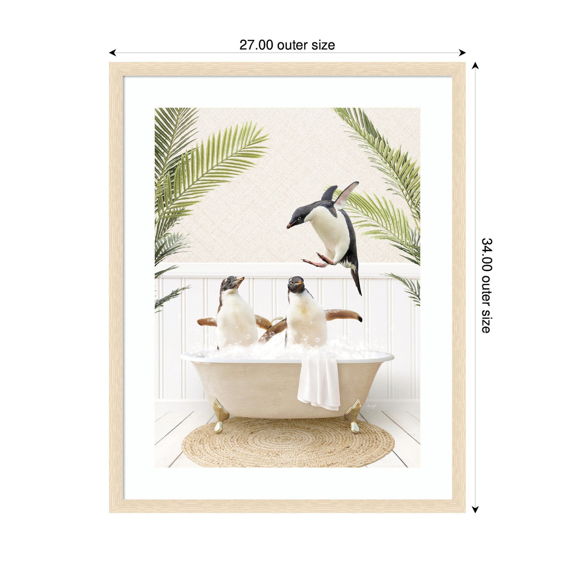 Penguins in Palms Bath by Amy Peterson Framed Wall Art Print