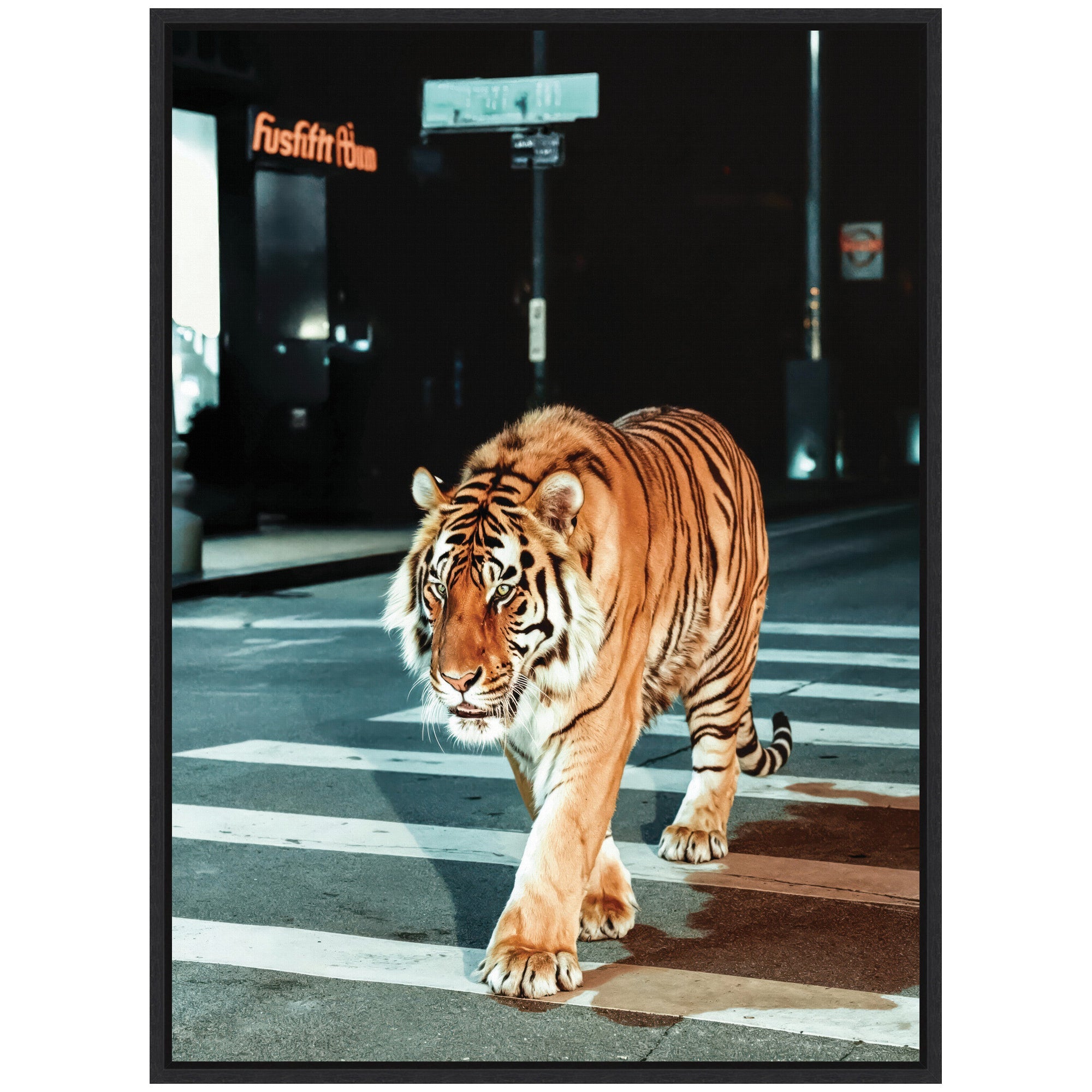 Sylvie Tiger in the City at Night 2 Framed Canvas by Michael Schauer