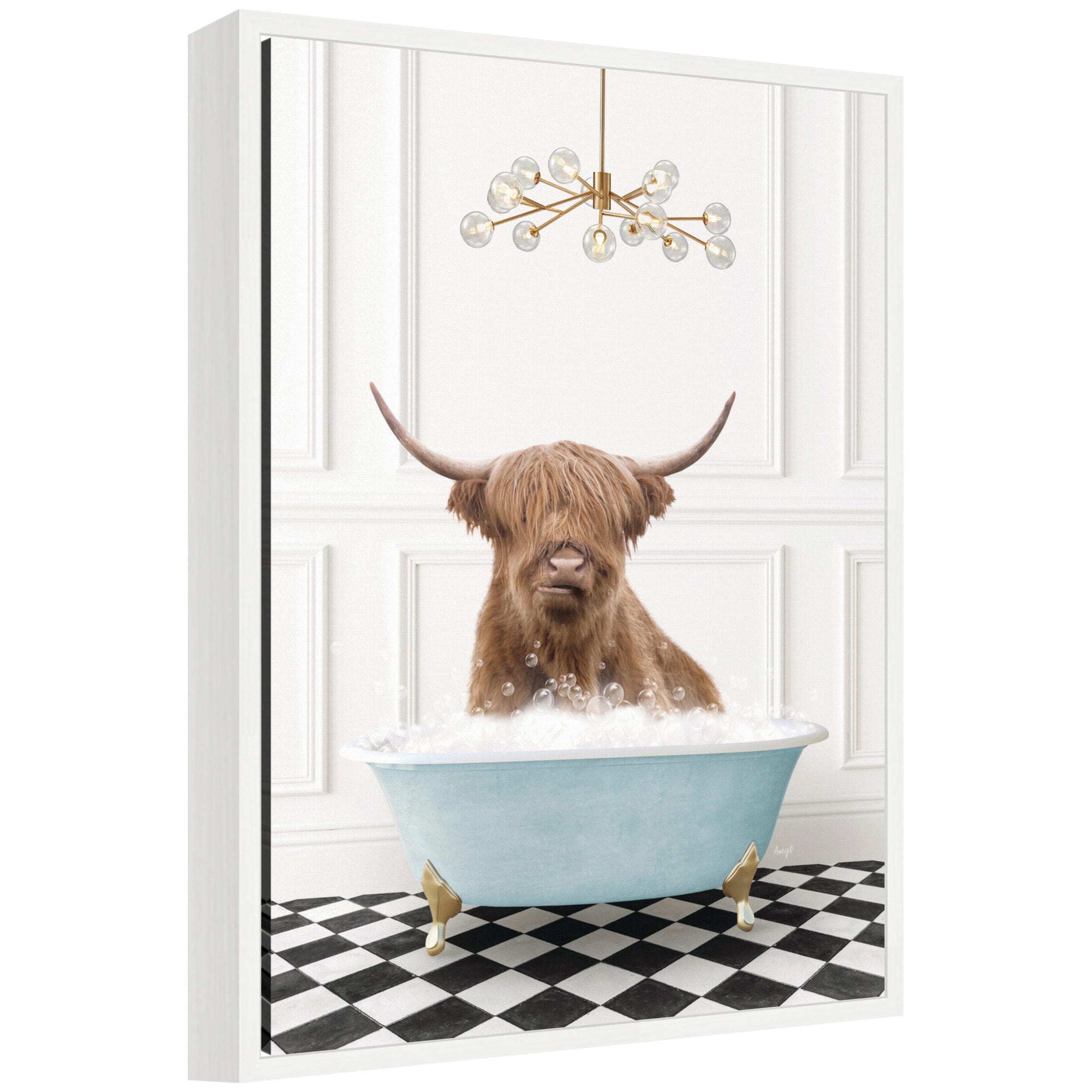 Framed canvas art of a highland cow named Sylvie sitting in a blue bathtub on a black and white checker floor