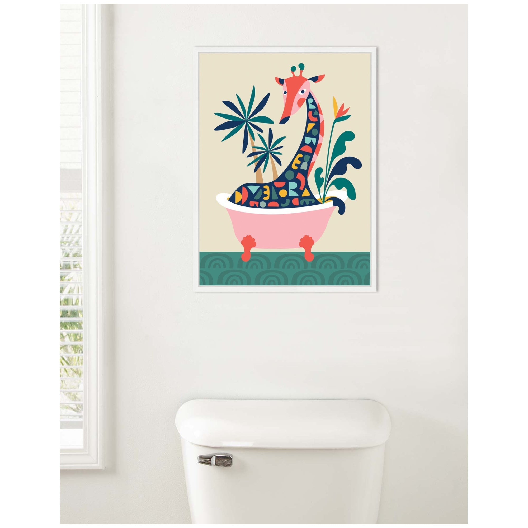 Sylvie MCM Giraffe in Bathtub Framed Canvas by Rachel Lee