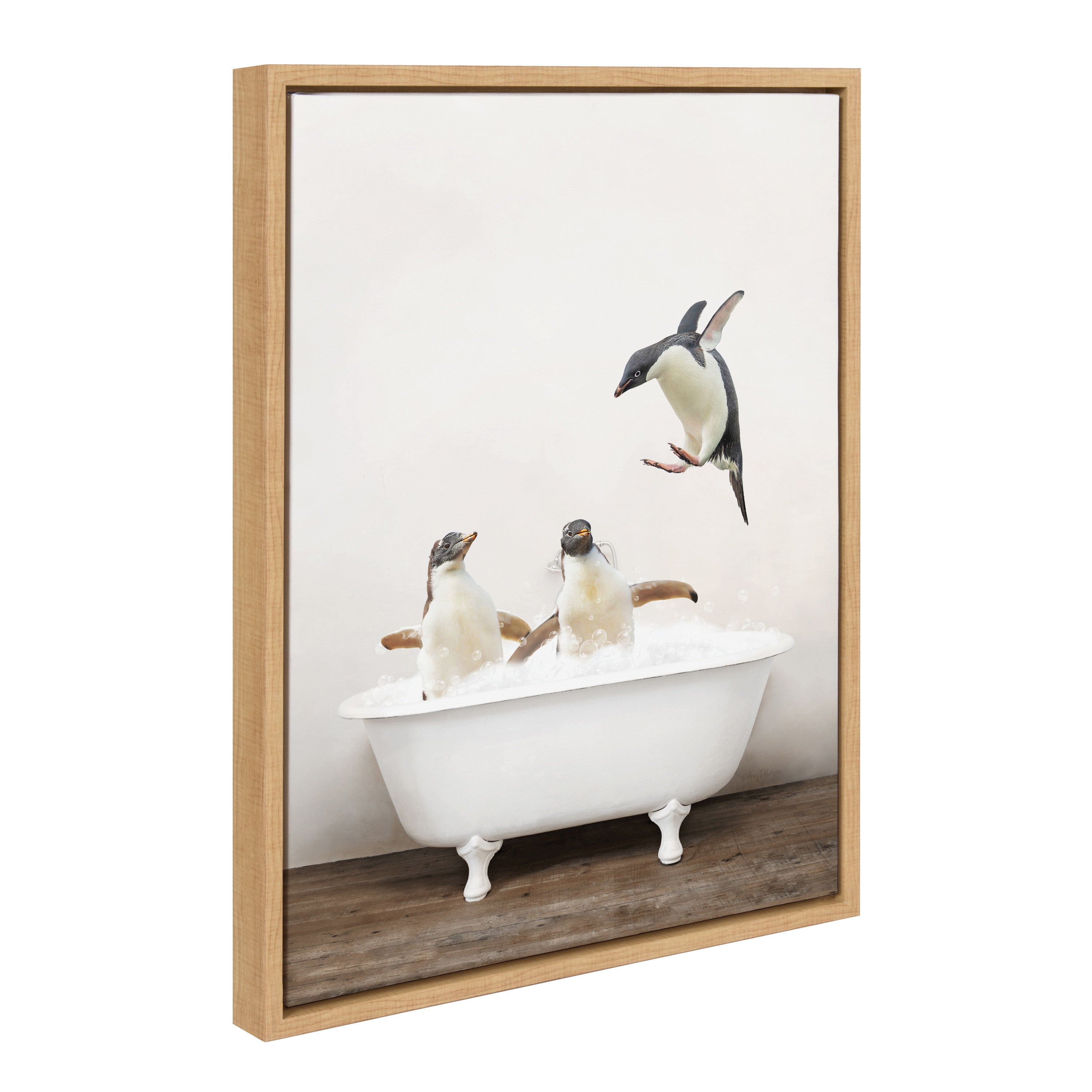 Sylvie Penguins Playing in Rustic Bath Framed Canvas