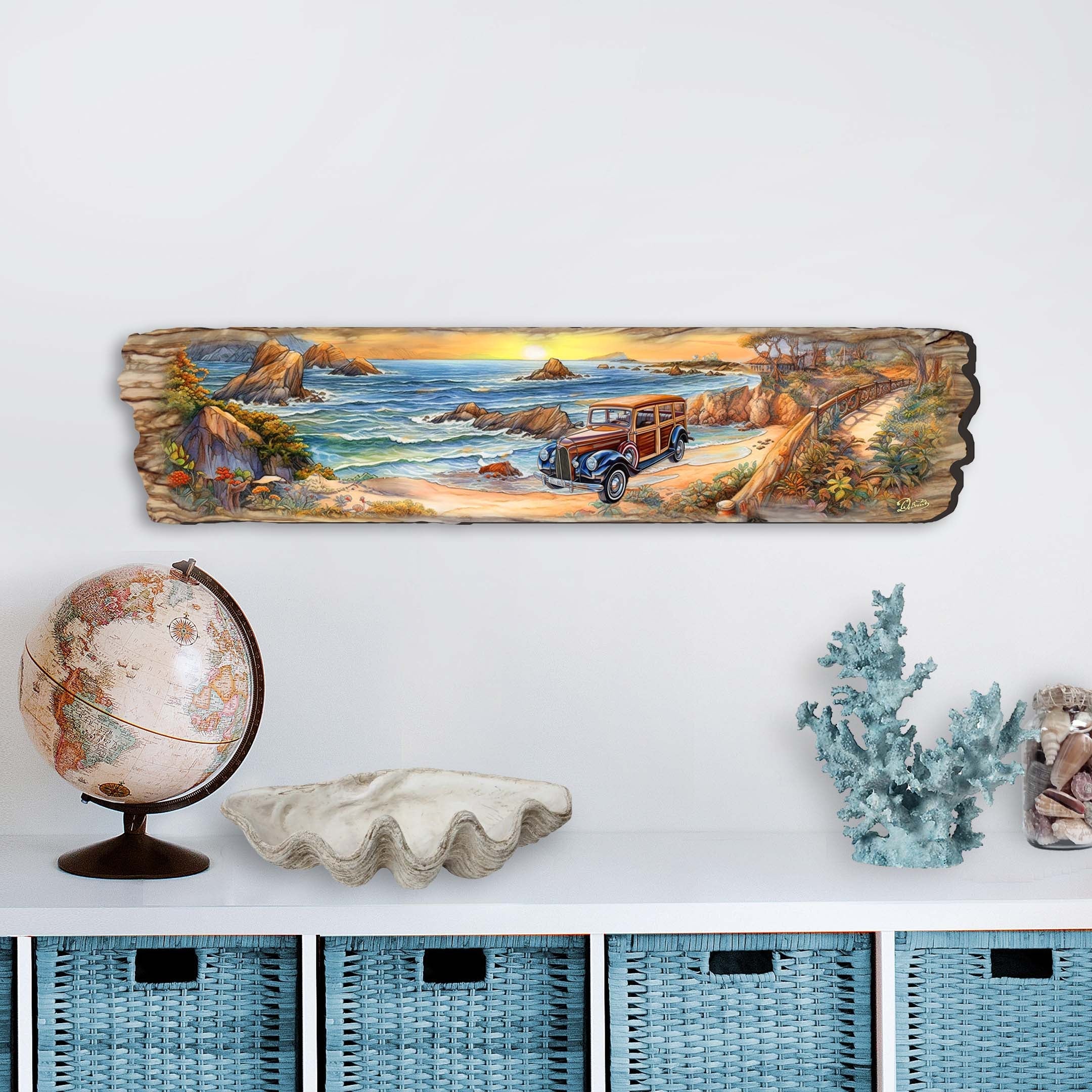 Retro car parked on beach at sunrise depicted on wooden wall art
