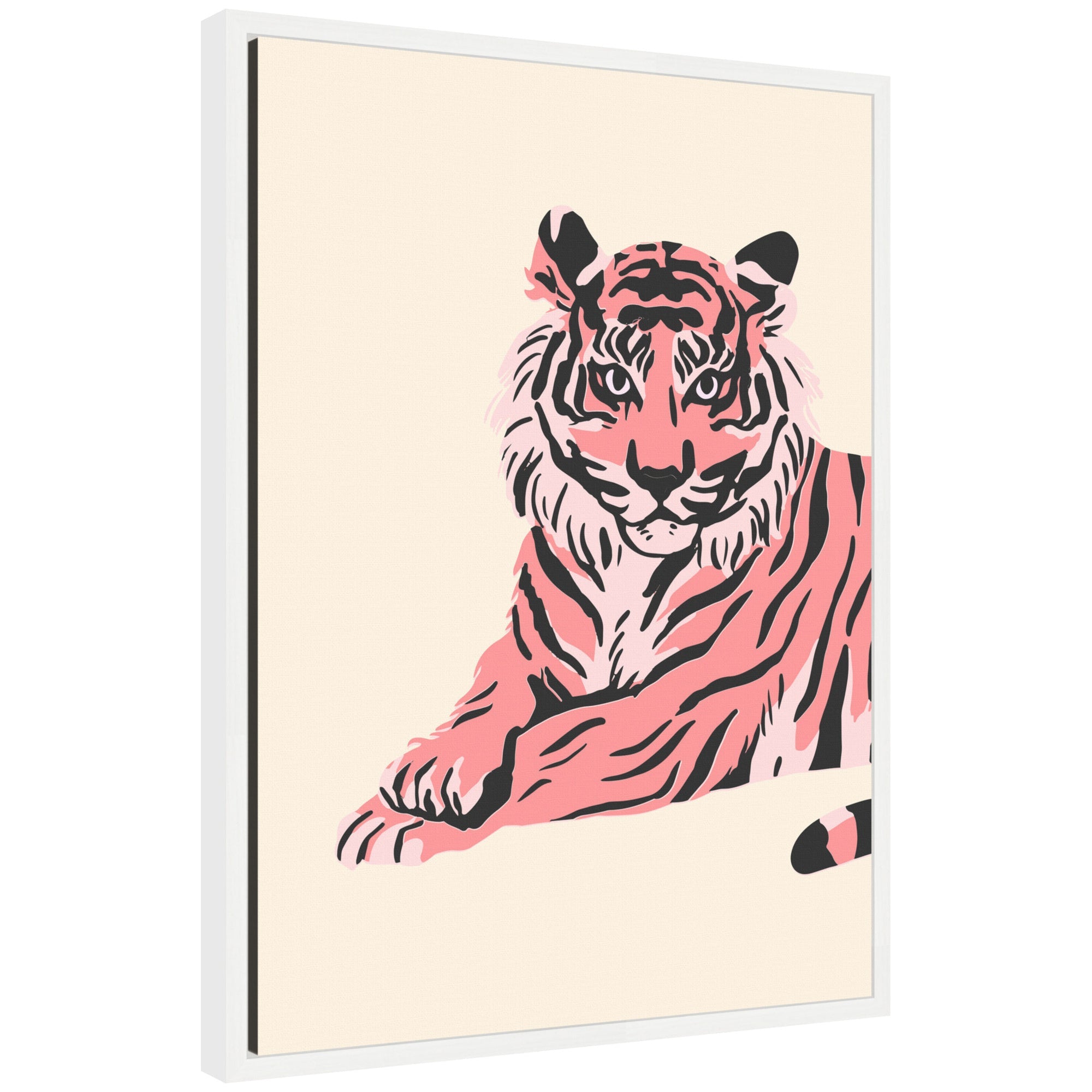 Sylvie Trendy Tiger framed canvas showing a close-up of a tiger's face with warm tones, floating polystyrene frame
