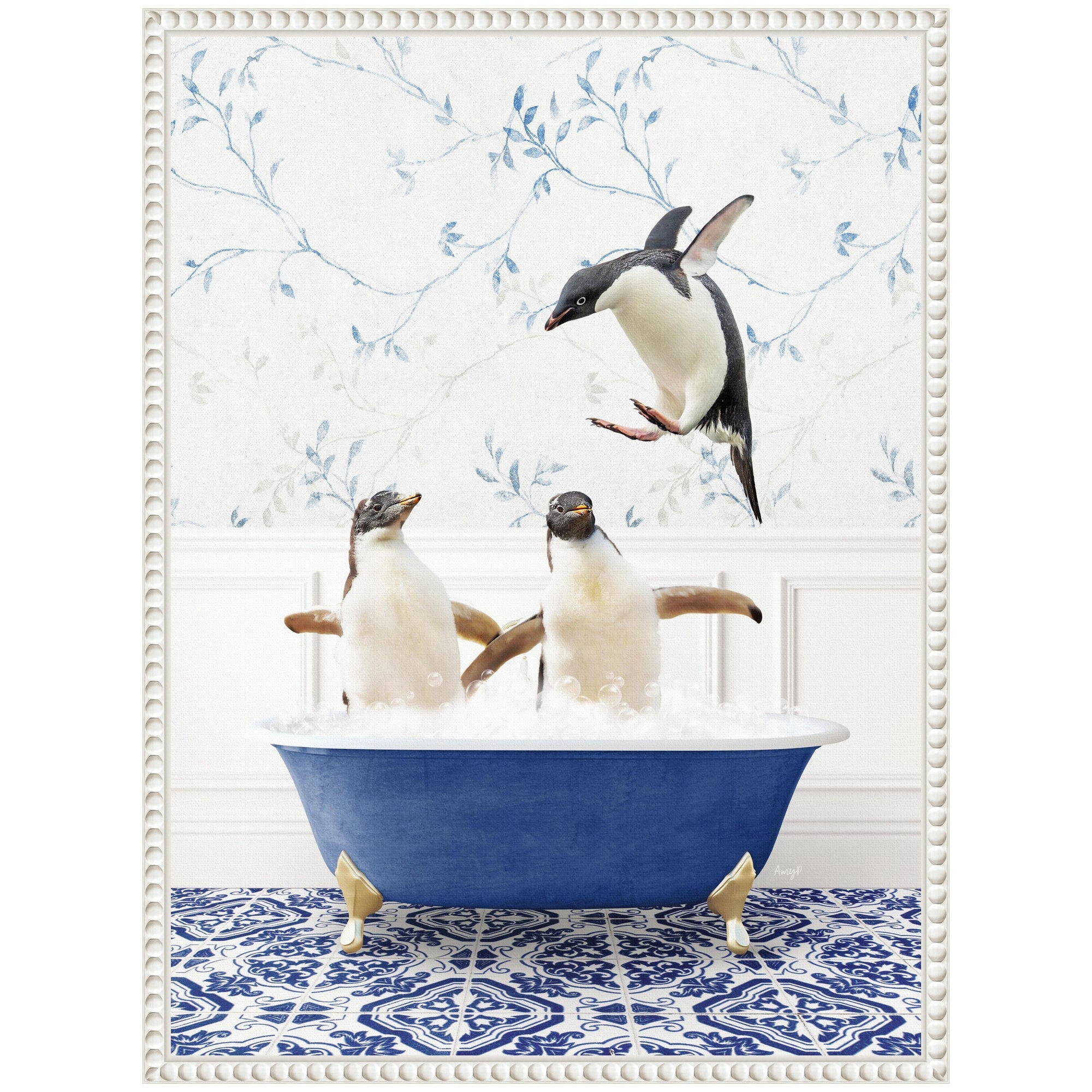 Sylvie Penguins in Eclectic Blue Bath Framed Canvas by Amy Peterson