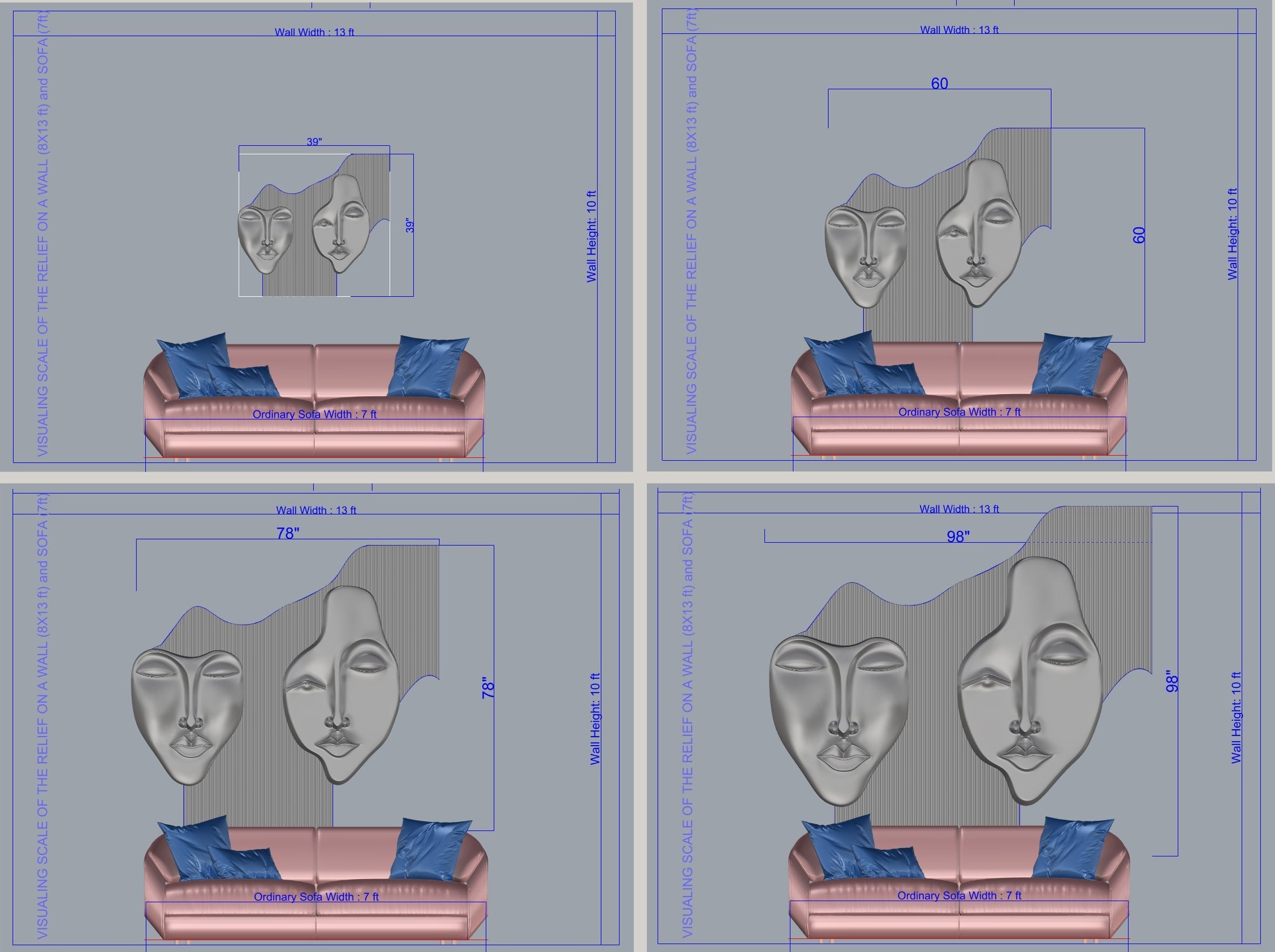 Wabi-Sabi 3D Face Wall Relief Art showing two abstract faces on a fluted textured panel in various colors and sizes
