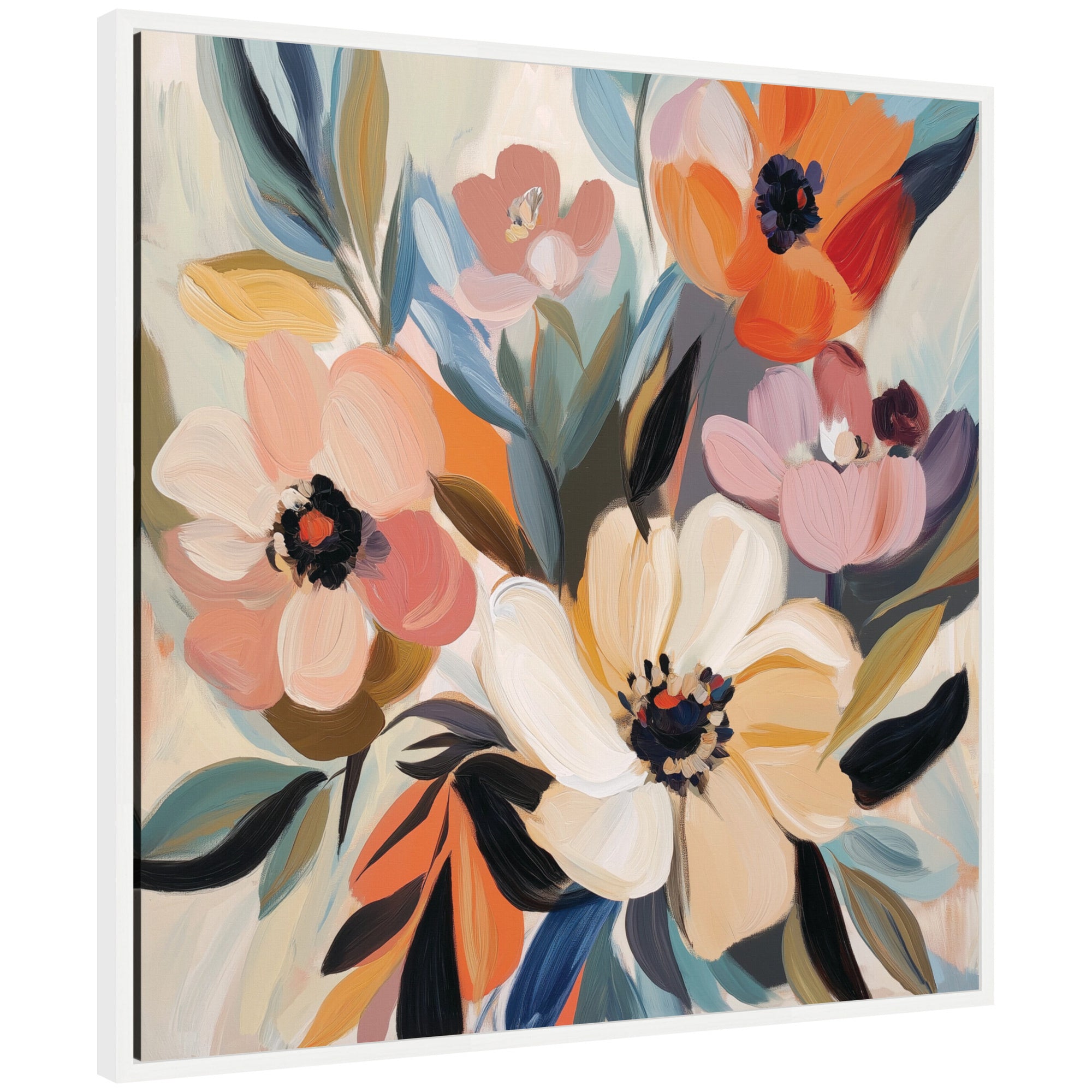 Framed Sylvie Garden Bloom Abstract Bouquet I canvas art with floral shapes in soft pastel tones and floating polystyrene frame