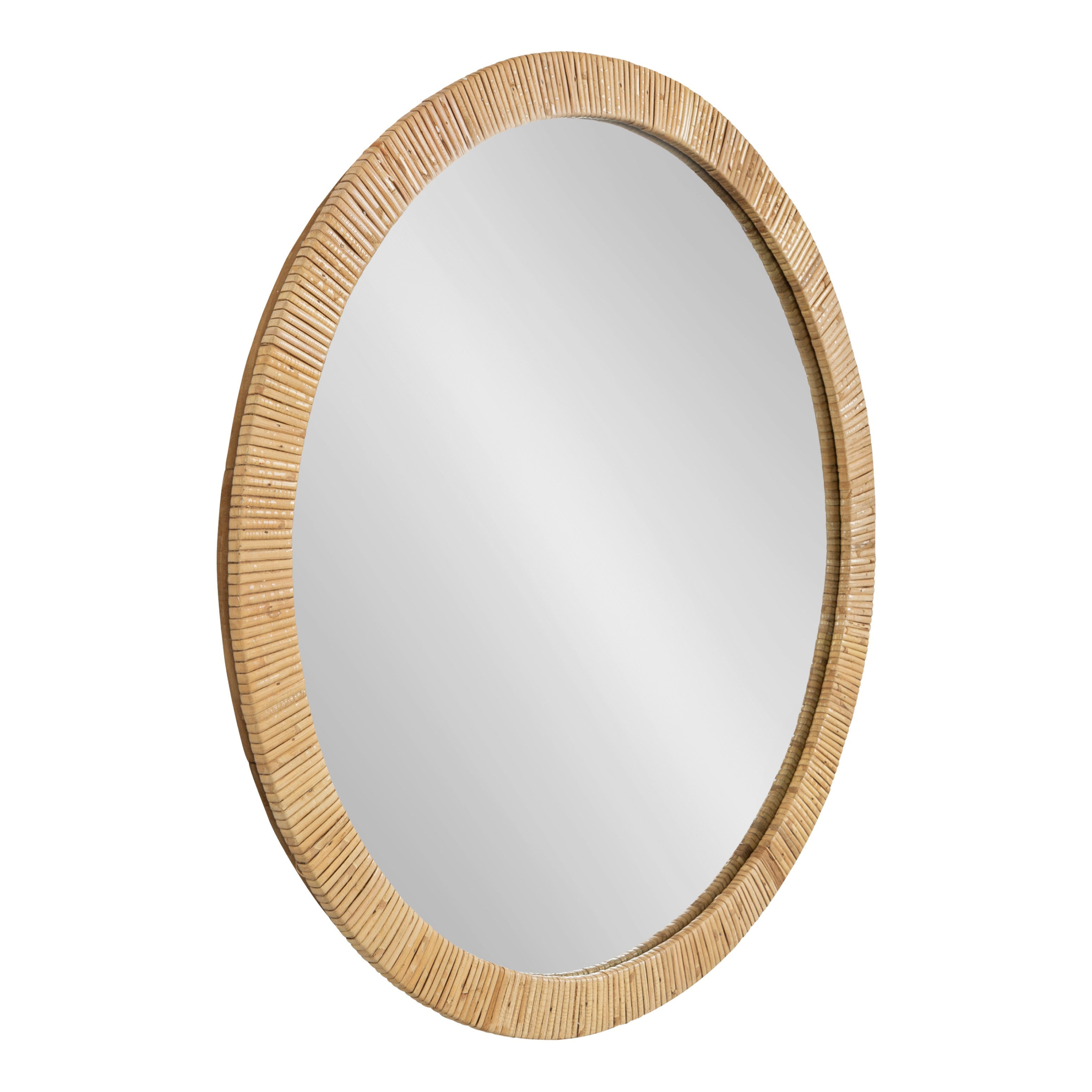 Rahfy Round Framed Wall Mirror with natural rattan wrapped round frame hanging on beige wall