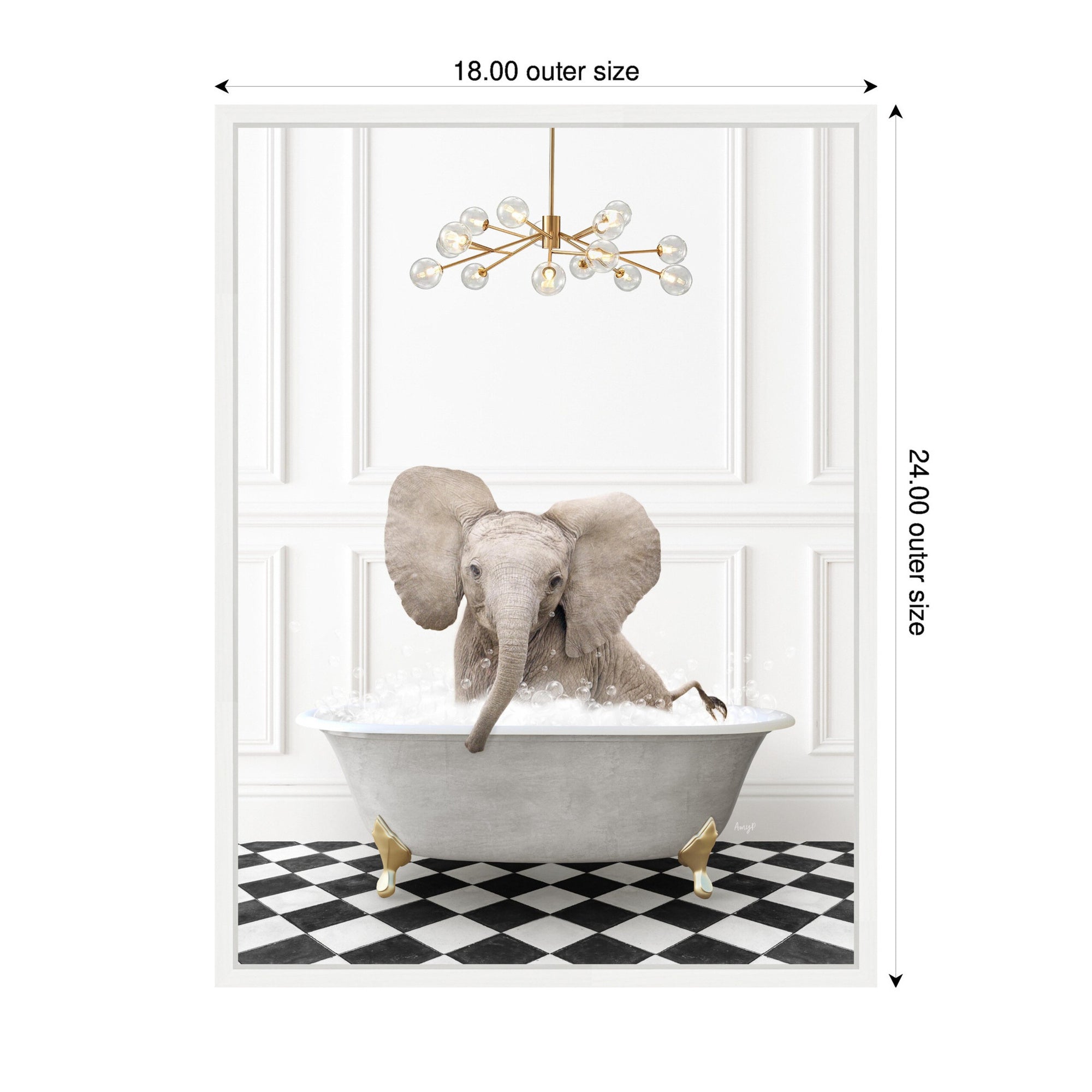 Sylvie Elephant in Gray Bathtub on Checker Floor Framed Canvas by Amy Peterson