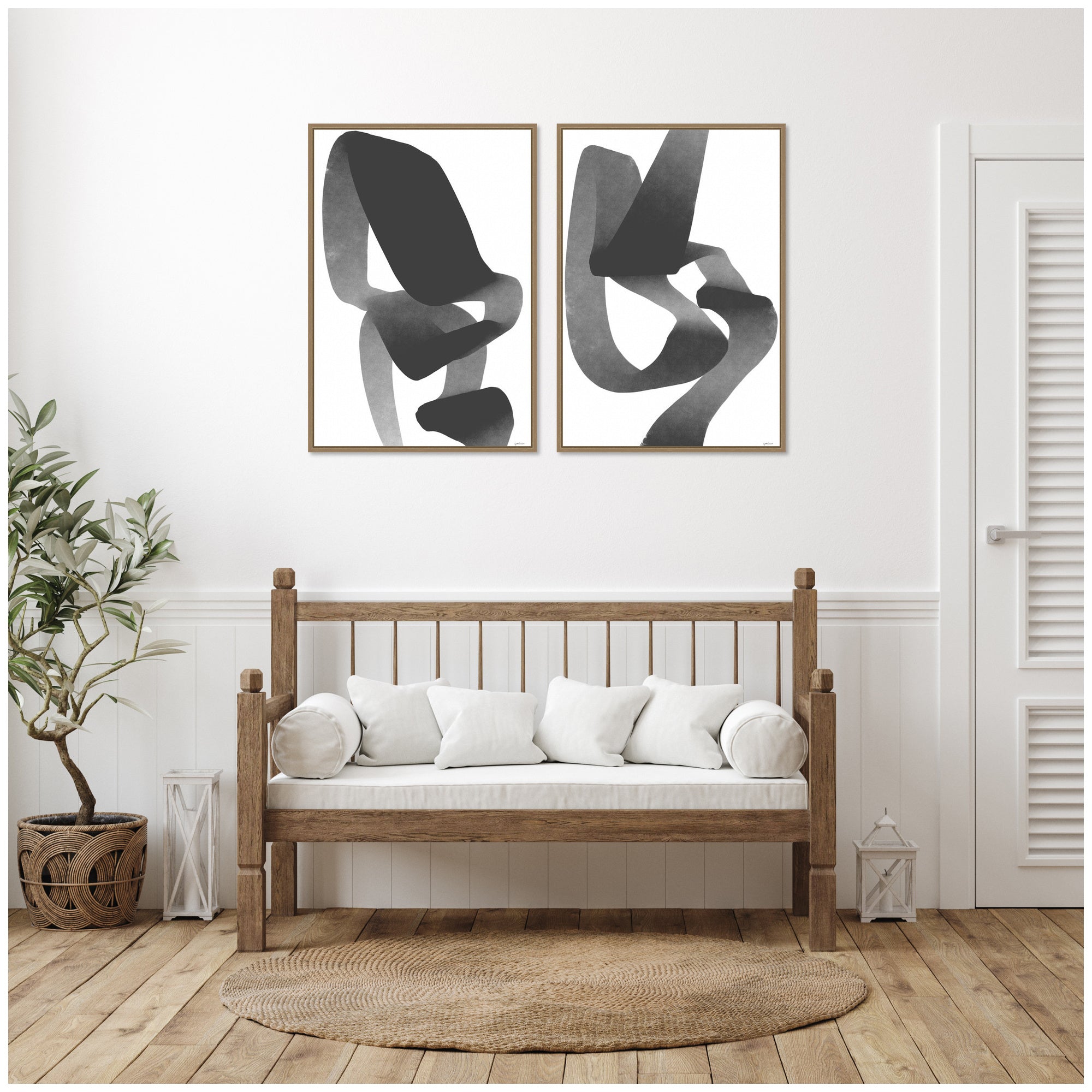 Black and White Abstract 01 & 02 2 Piece Framed Canvas Wall Art Set