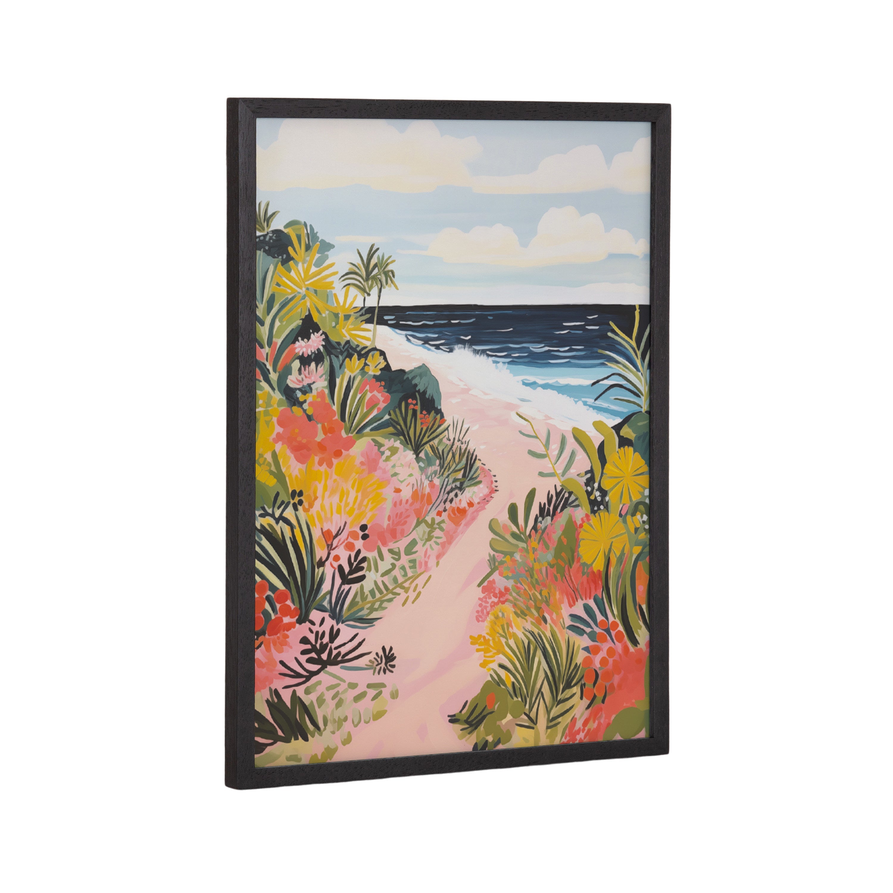 Framed tropical landscape print showing a bright ocean path with greenery on each side