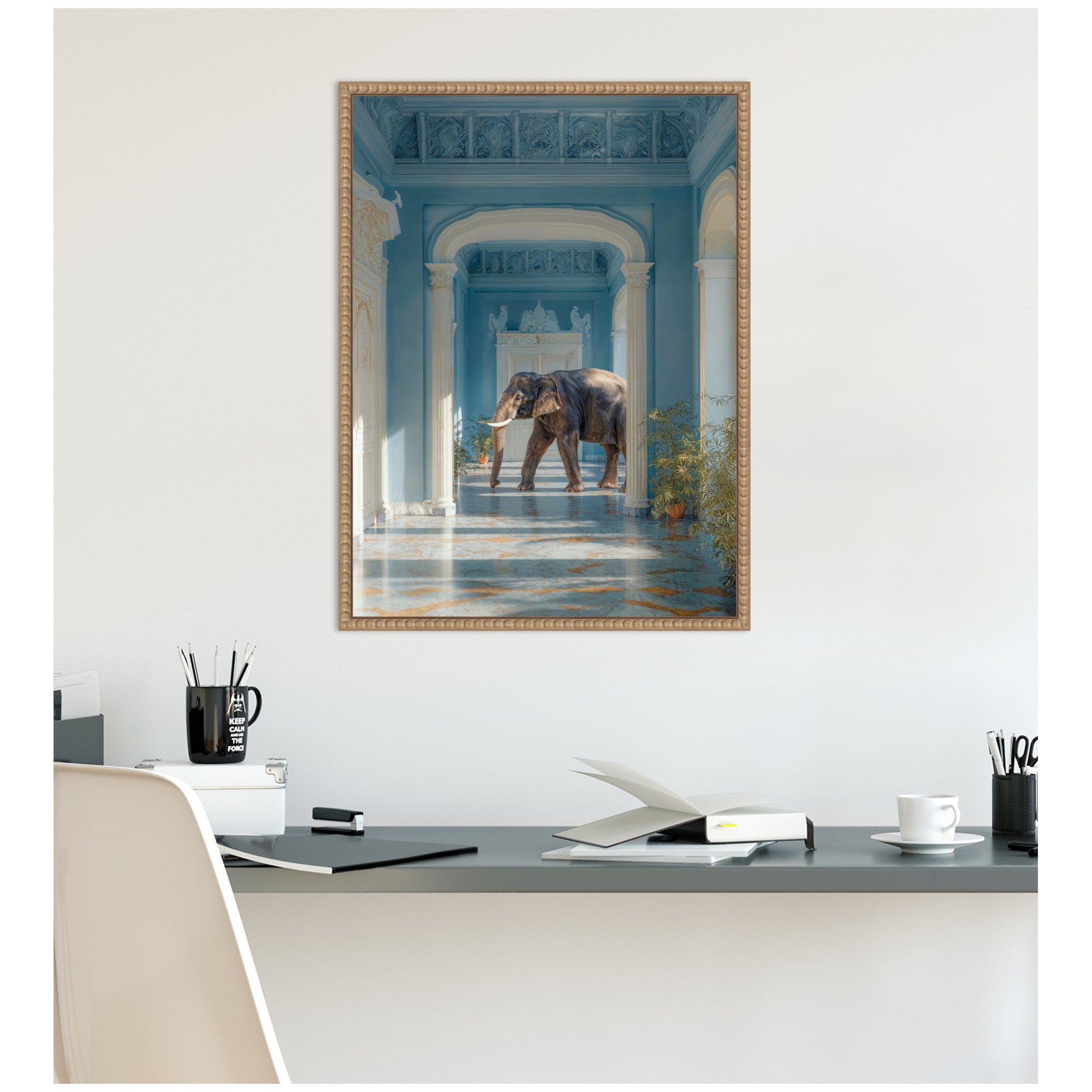 Elephant Strolling Through the Blue Wing by Michael Schauer Framed Canvas Wall Art Print