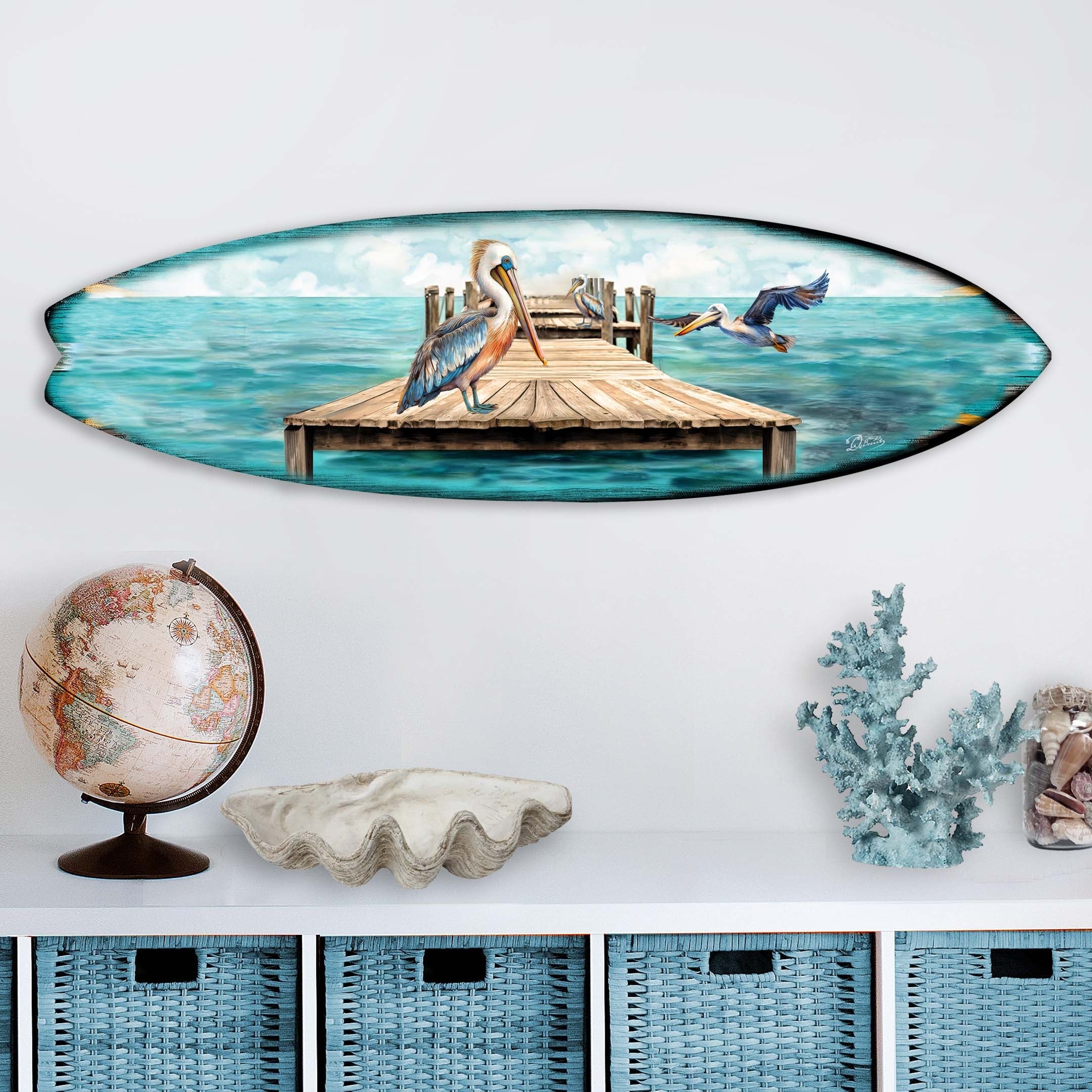 Pelican on the Pier Surfboard Coastal Wall Art by G. DeBrekht by G.DeBrekht - product image 3 for Resin Society