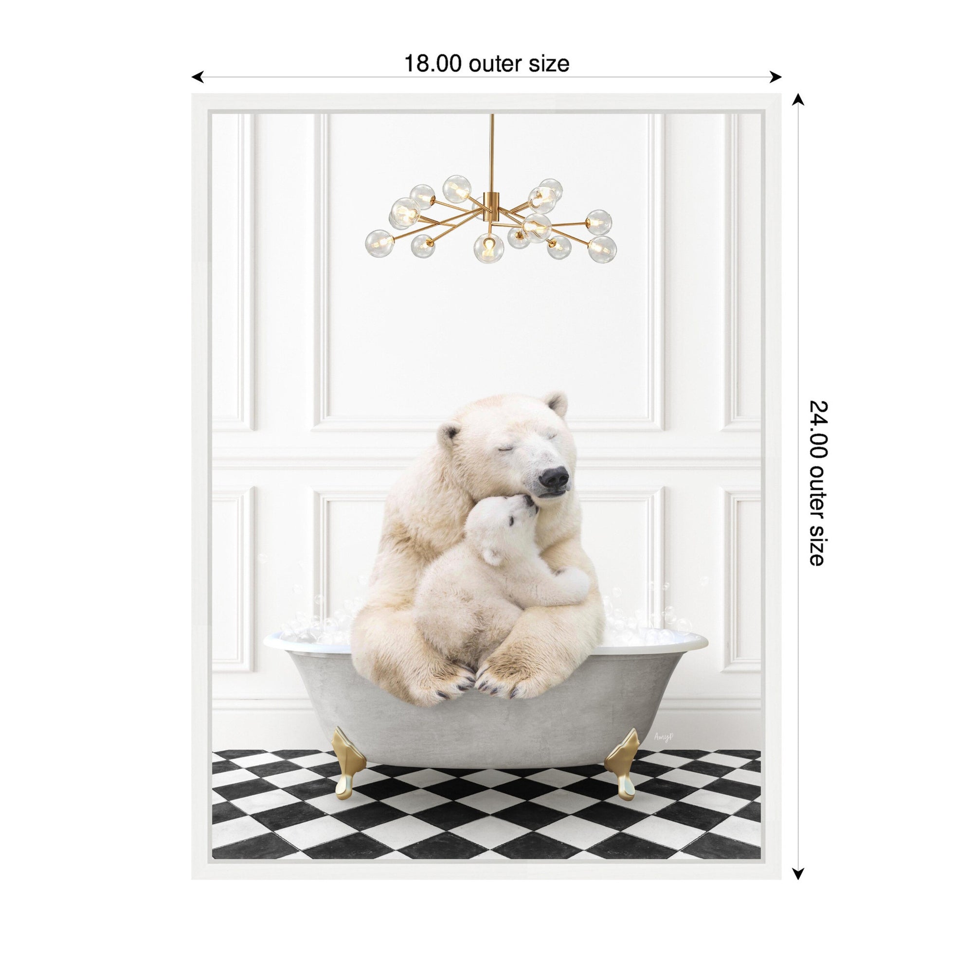 Sylvie Mother and Baby Polar Bear in Gray Bathtub on Checker Floor Framed Canvas by Amy Peterson