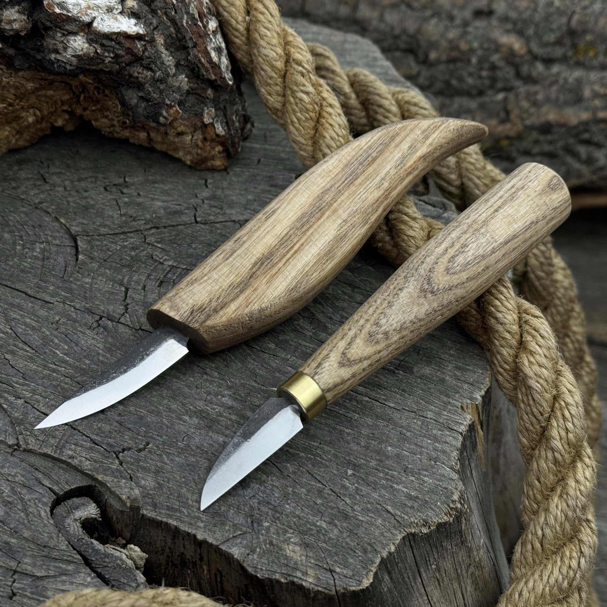 2-piece carving knife set with ash wood handles and forged steel blades for fine detail woodworking