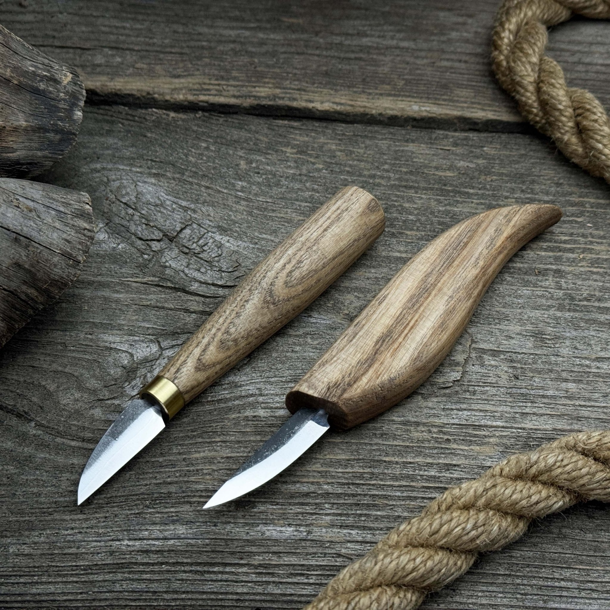 2-piece carving knife set with ash wood handles and forged steel blades for fine detail woodworking