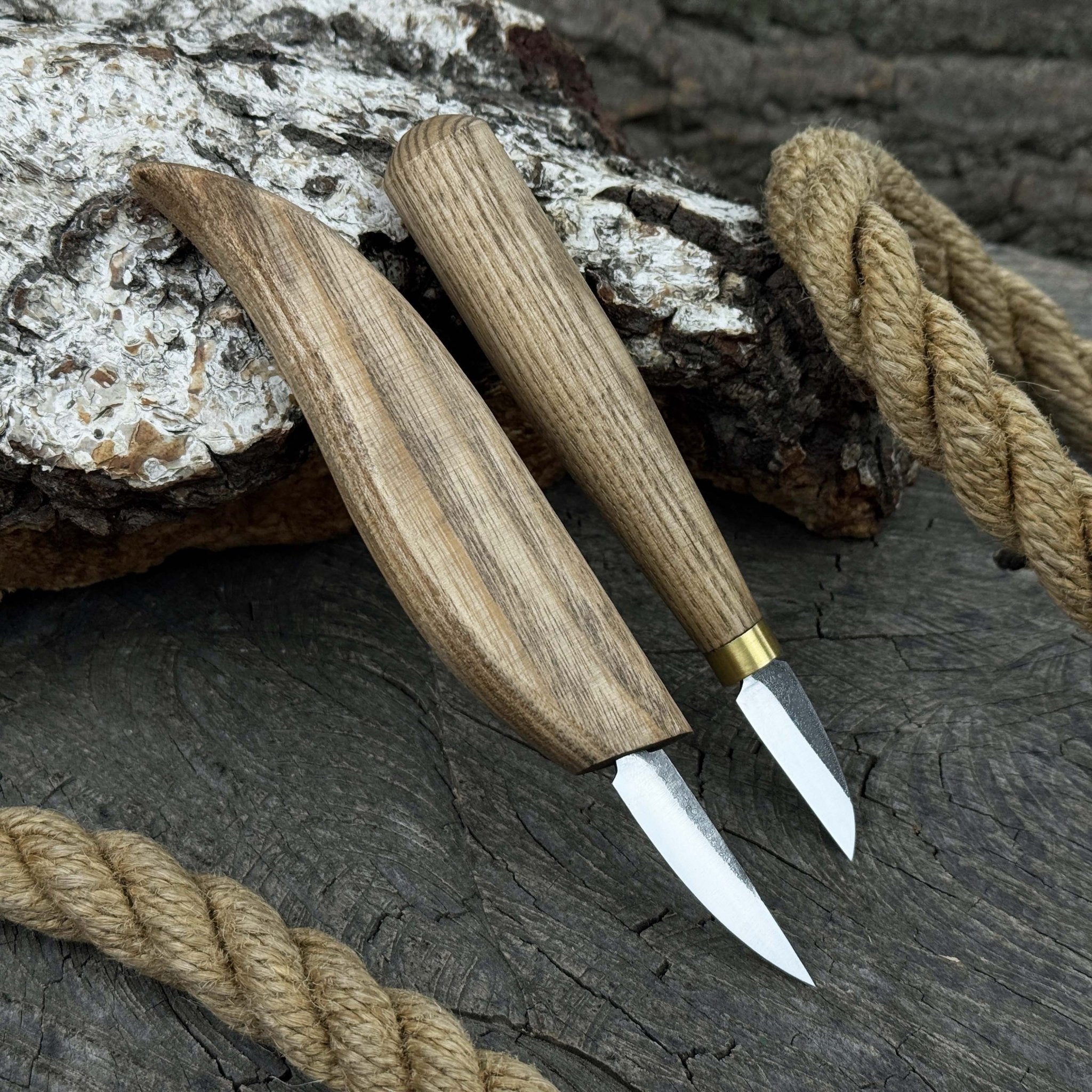 2-piece carving knife set with ash wood handles and forged steel blades for fine detail woodworking