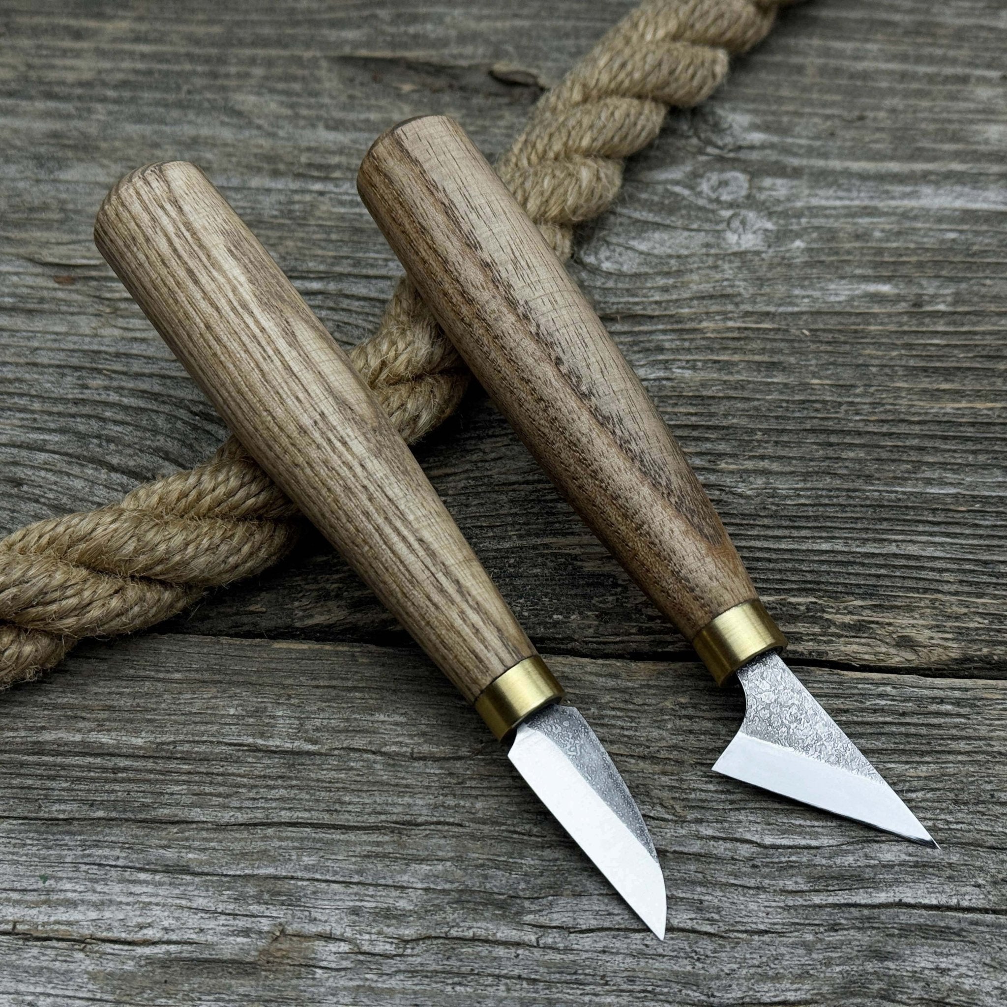 2-Piece Chip Carving Knife Set with hand-forged blades and ash wood handles