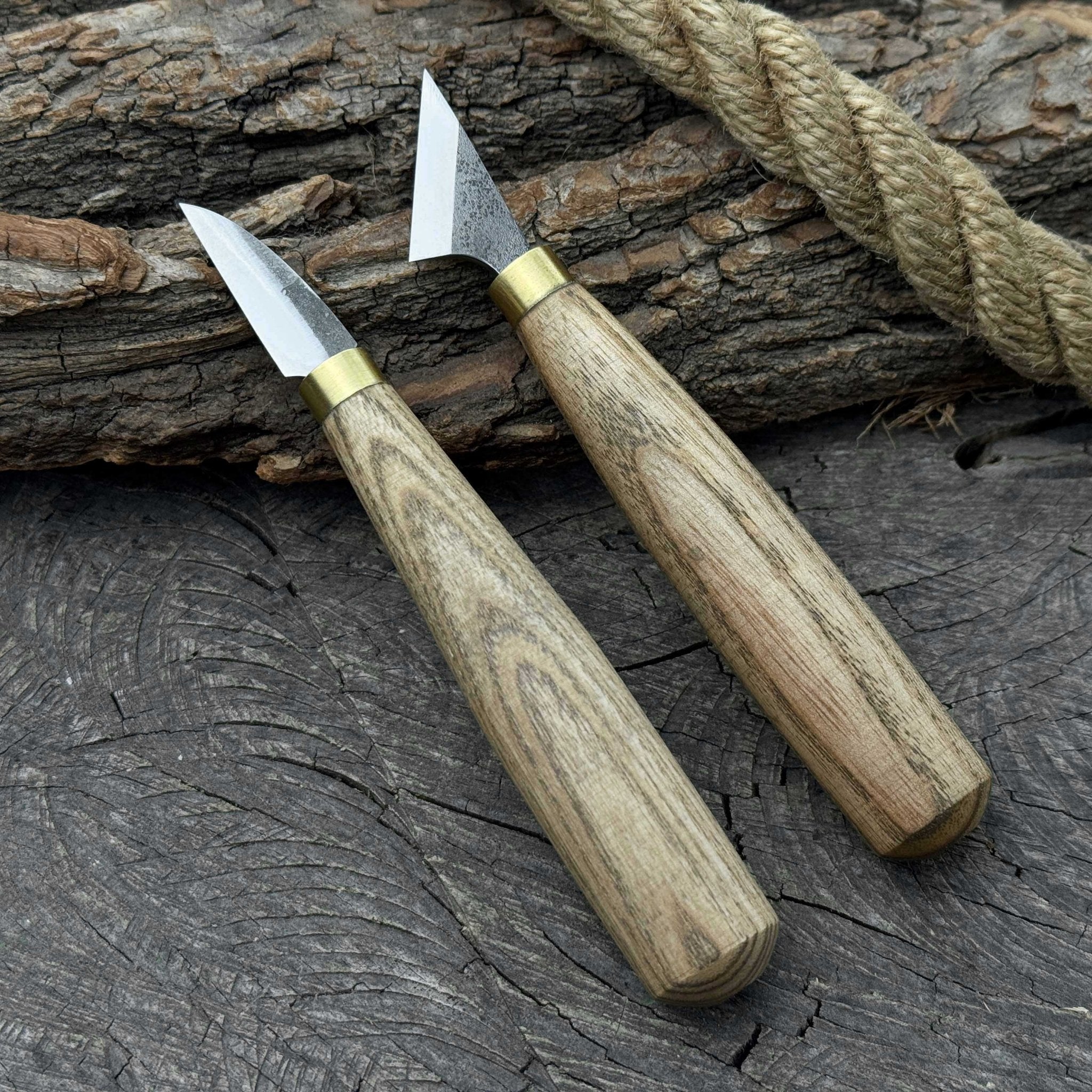 2-Piece Chip Carving Knife Set with hand-forged blades and ash wood handles