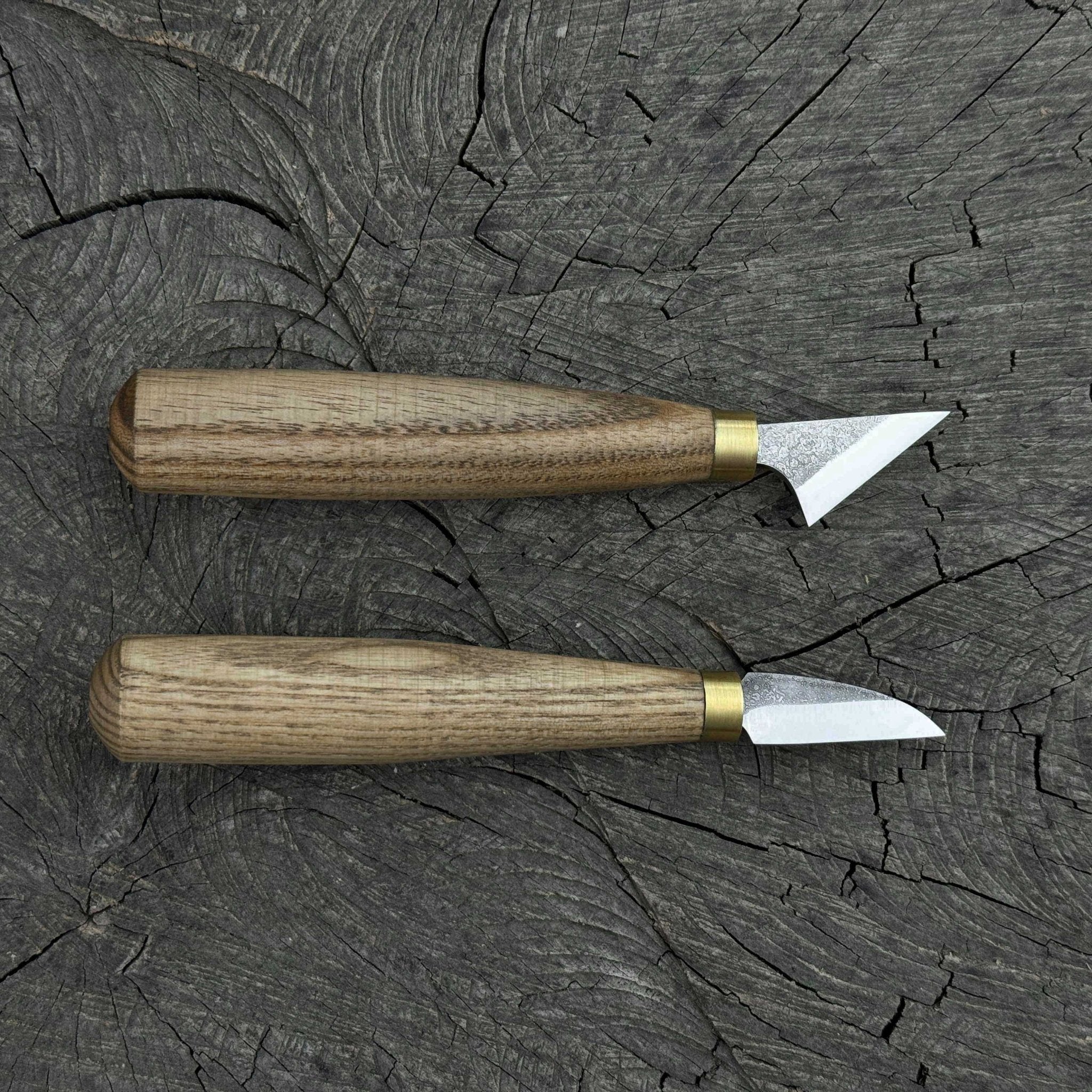 2-Piece Chip Carving Knife Set with hand-forged blades and ash wood handles