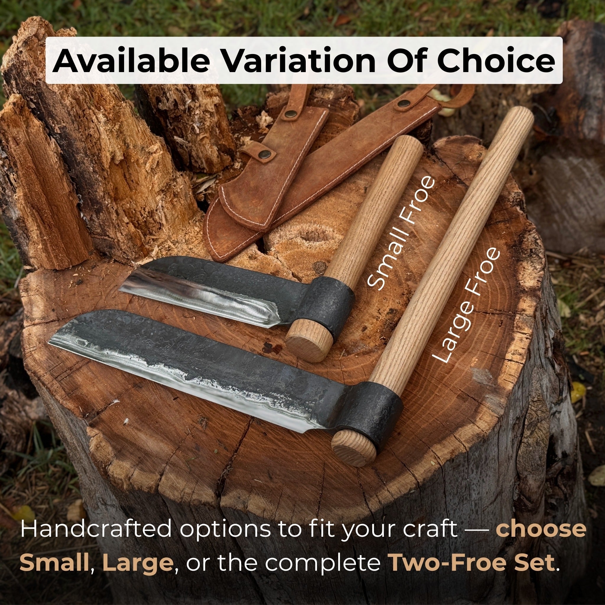 2-Piece Splitting Froe Set with ash wood handles and forged steel blades