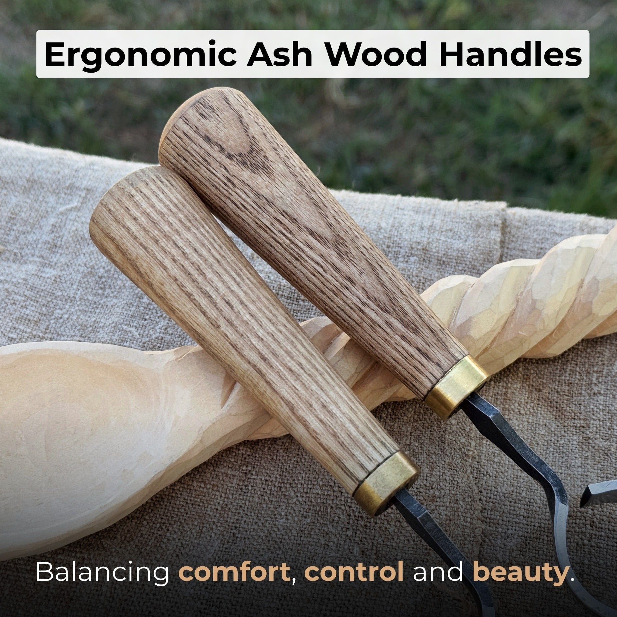 2-Piece Spoon Carving Knife Set with ash wood handles and leather sheaths
