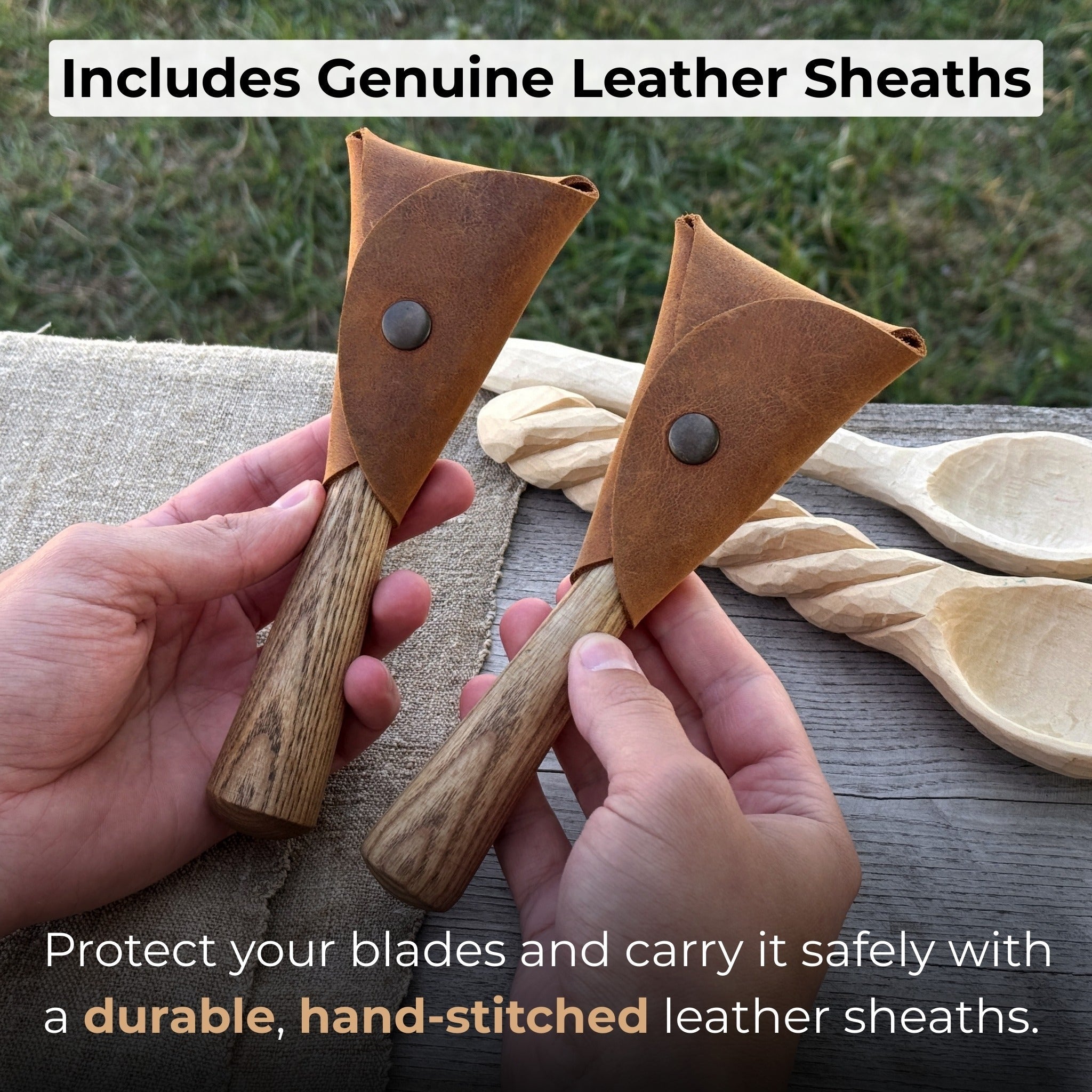2-Piece Spoon Carving Knife Set with ash wood handles and leather sheaths