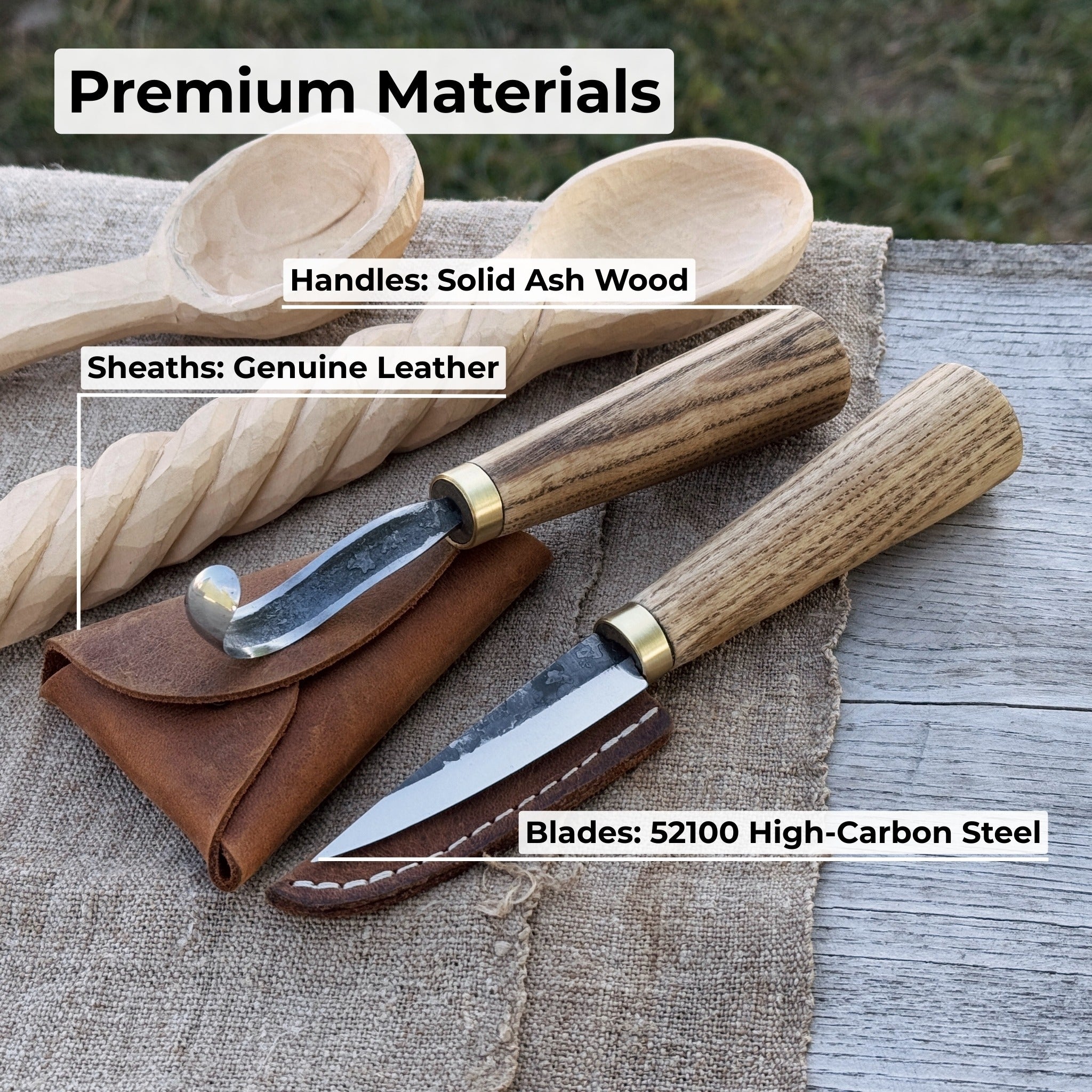2-piece spoon carving knife set with leather sheaths by Sharky Forged Steel Tools