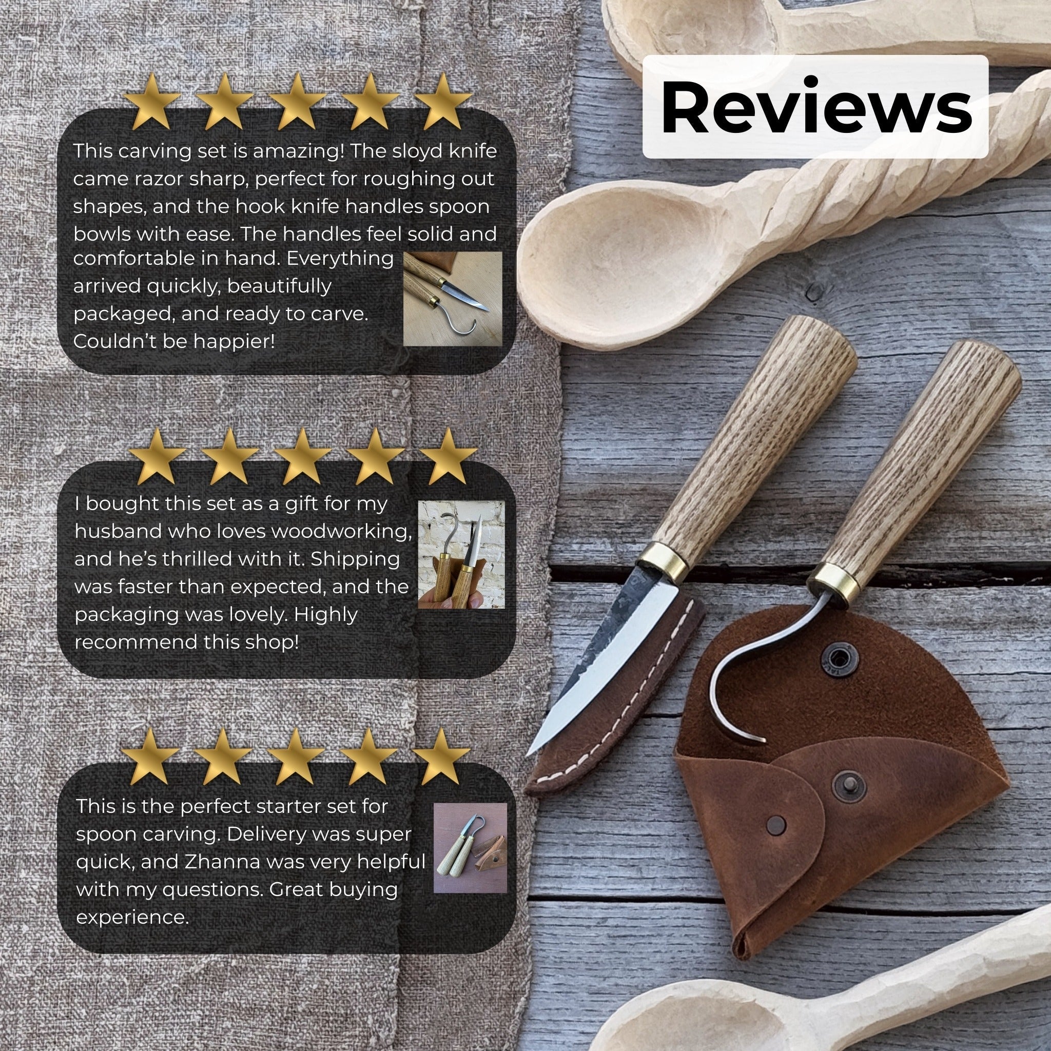 2-piece spoon carving knife set with leather sheaths by Sharky Forged Steel Tools