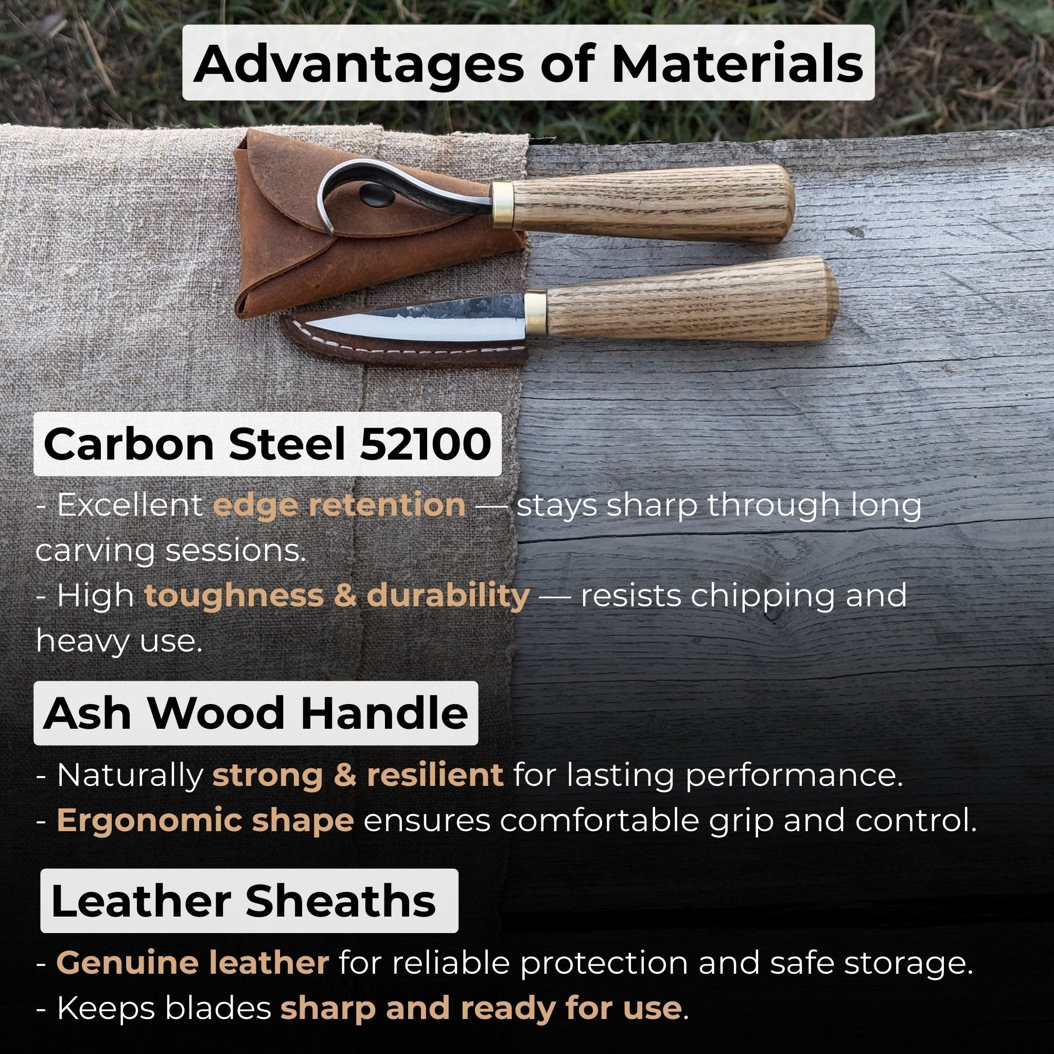 2-piece spoon carving knife set with leather sheaths by Sharky Forged Steel Tools