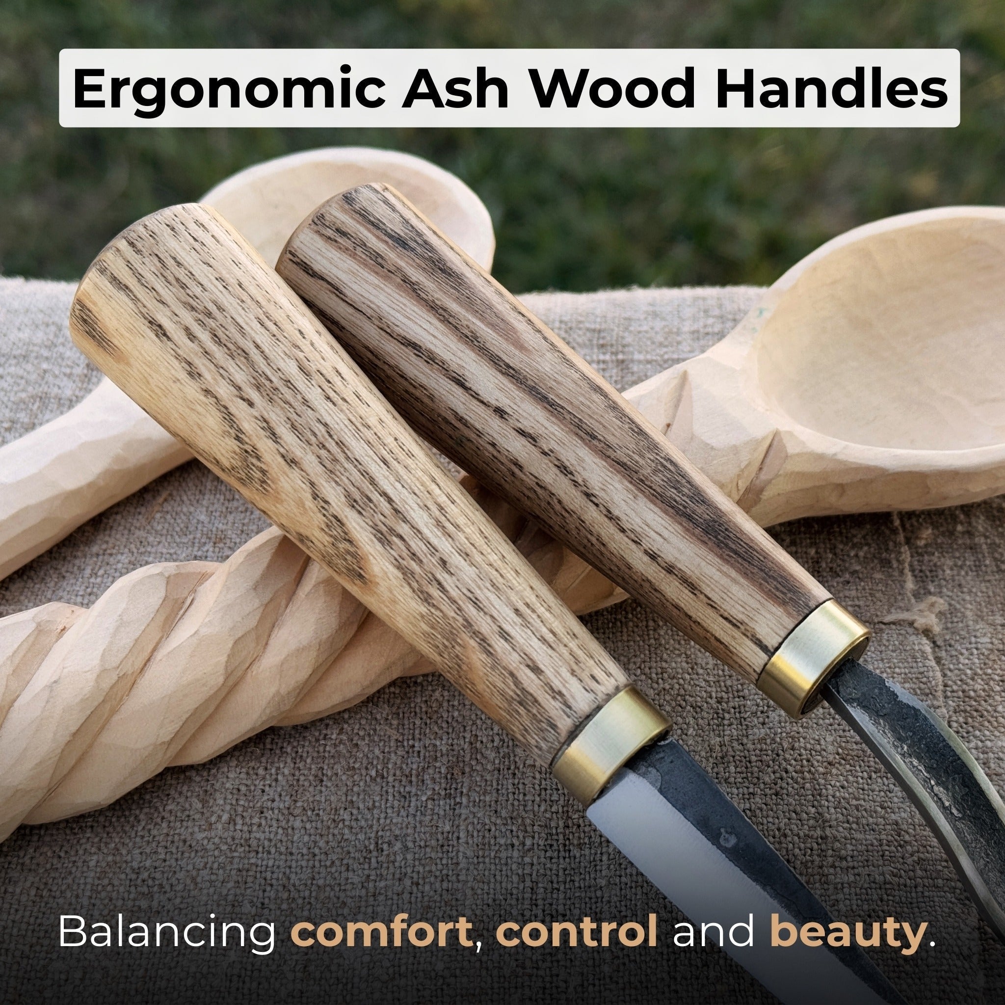 2-piece spoon carving knife set with leather sheaths by Sharky Forged Steel Tools