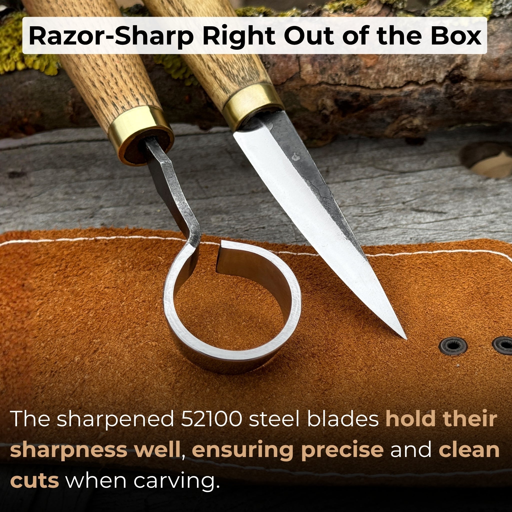 2-piece spoon carving tool set with leather case, featuring hand-forged carbon steel blades and ash wood handles