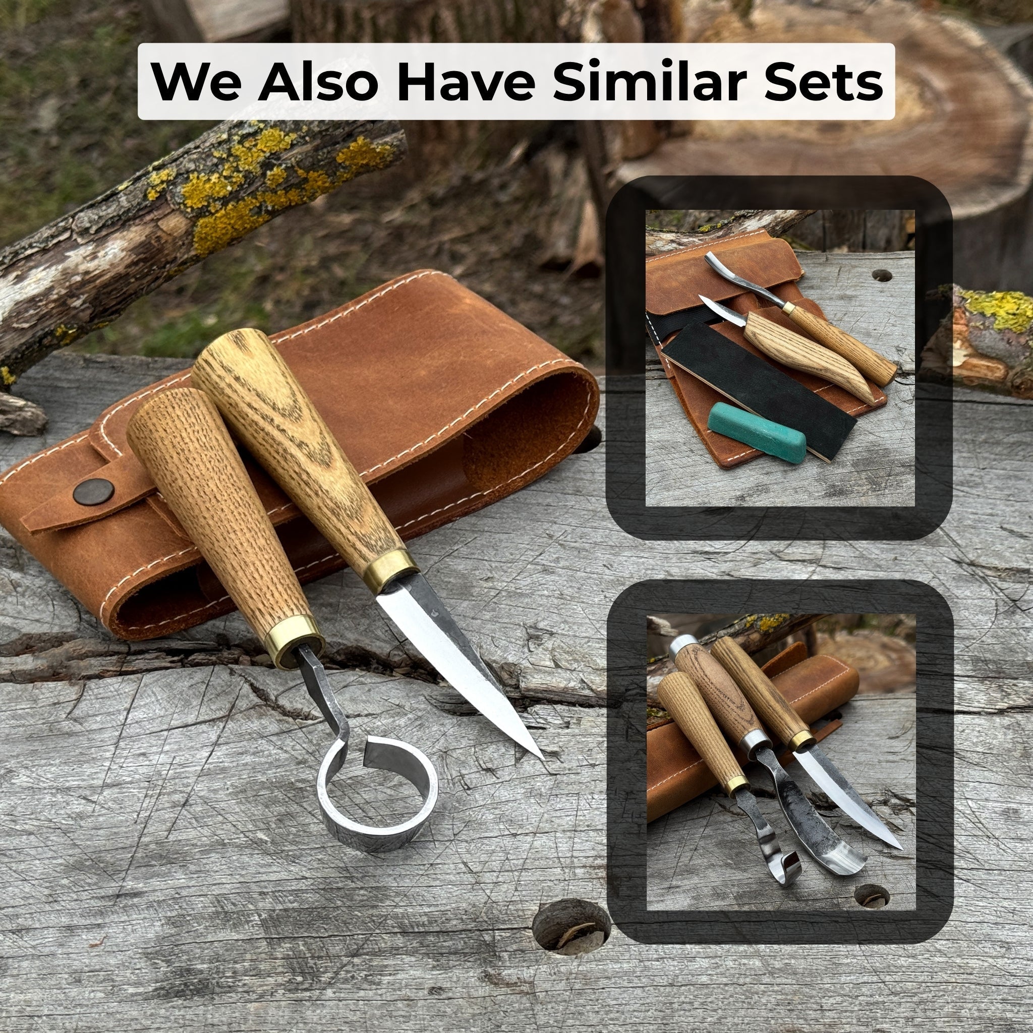 2-piece spoon carving tool set with leather case, featuring hand-forged carbon steel blades and ash wood handles