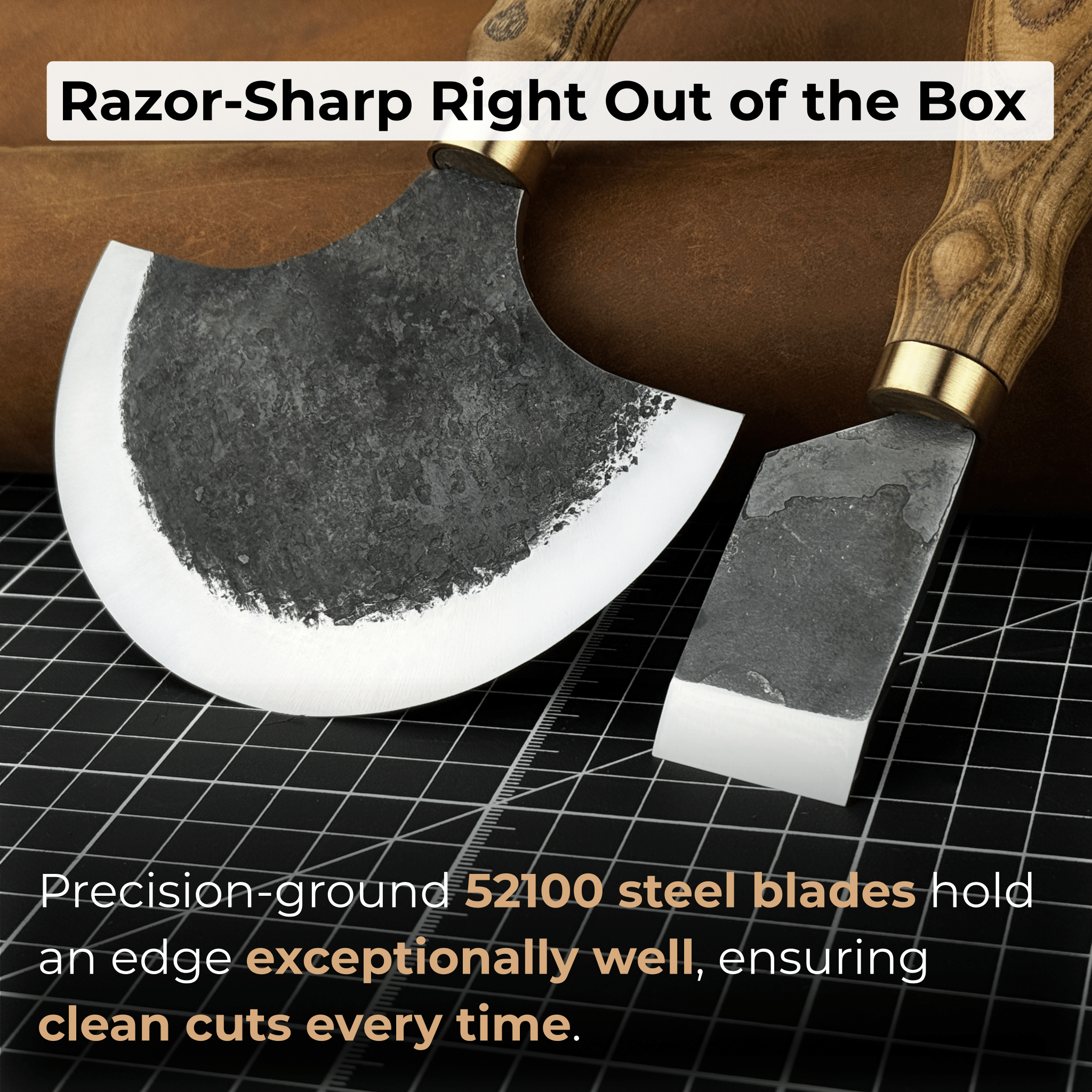 2-Piece Straight and Round Half Moon Leather Knife Set with ash wood handles and protective sheaths